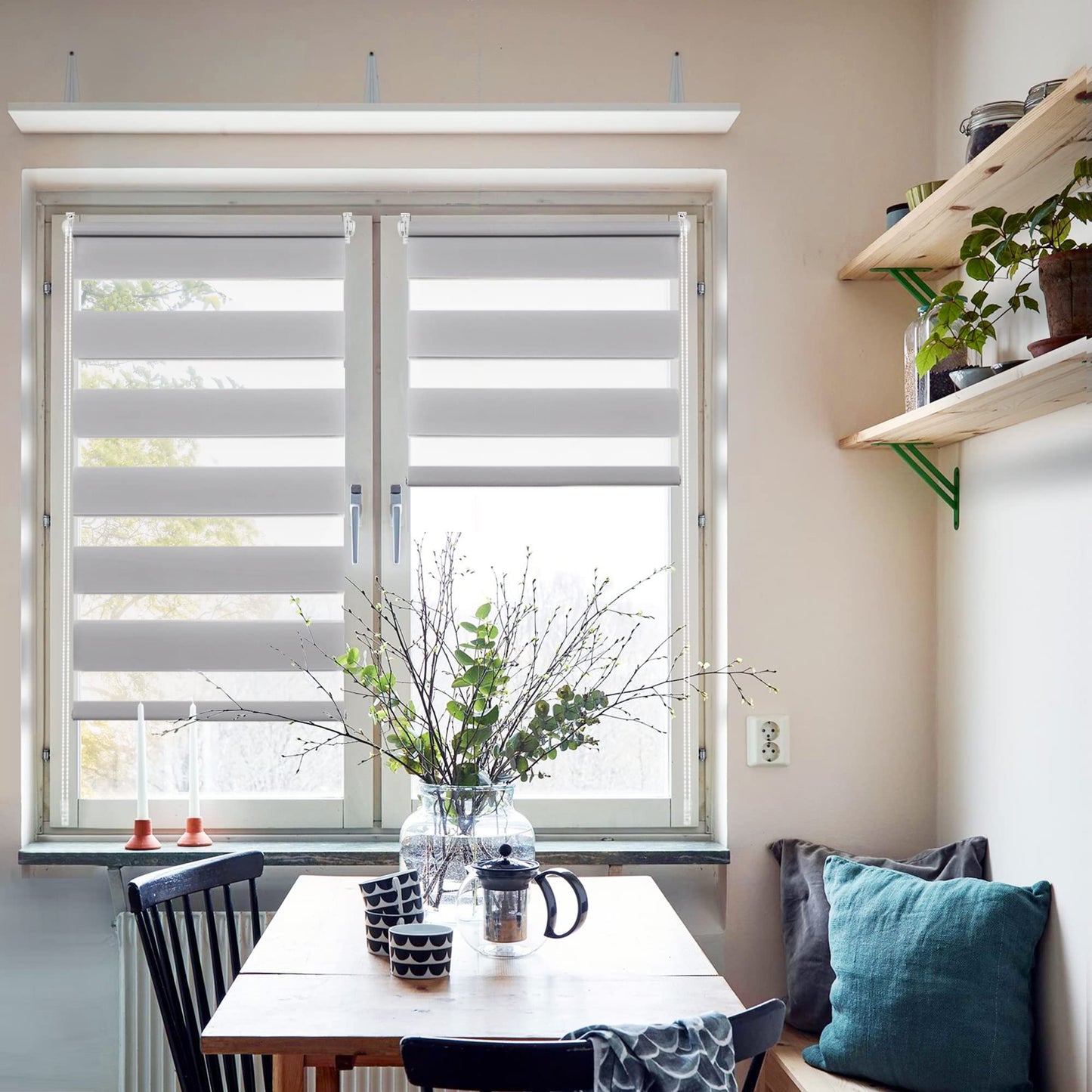 Double roller blind clamp fix without drilling & with drilling, 80x130cm (fabric width 76cm) White, 3-in-1 Duo Roller blind for windows & doors, window blind inside light-permeable & darkening, clamp blind blinds sun protection