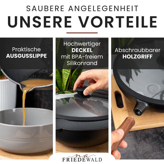 Friedewald® Cast Iron Wok with Lid - induction compatible - 33cm 5L / for 4-6 people - all cooktops - large grill & frying pan - non-stick coating - high rim - braising pan