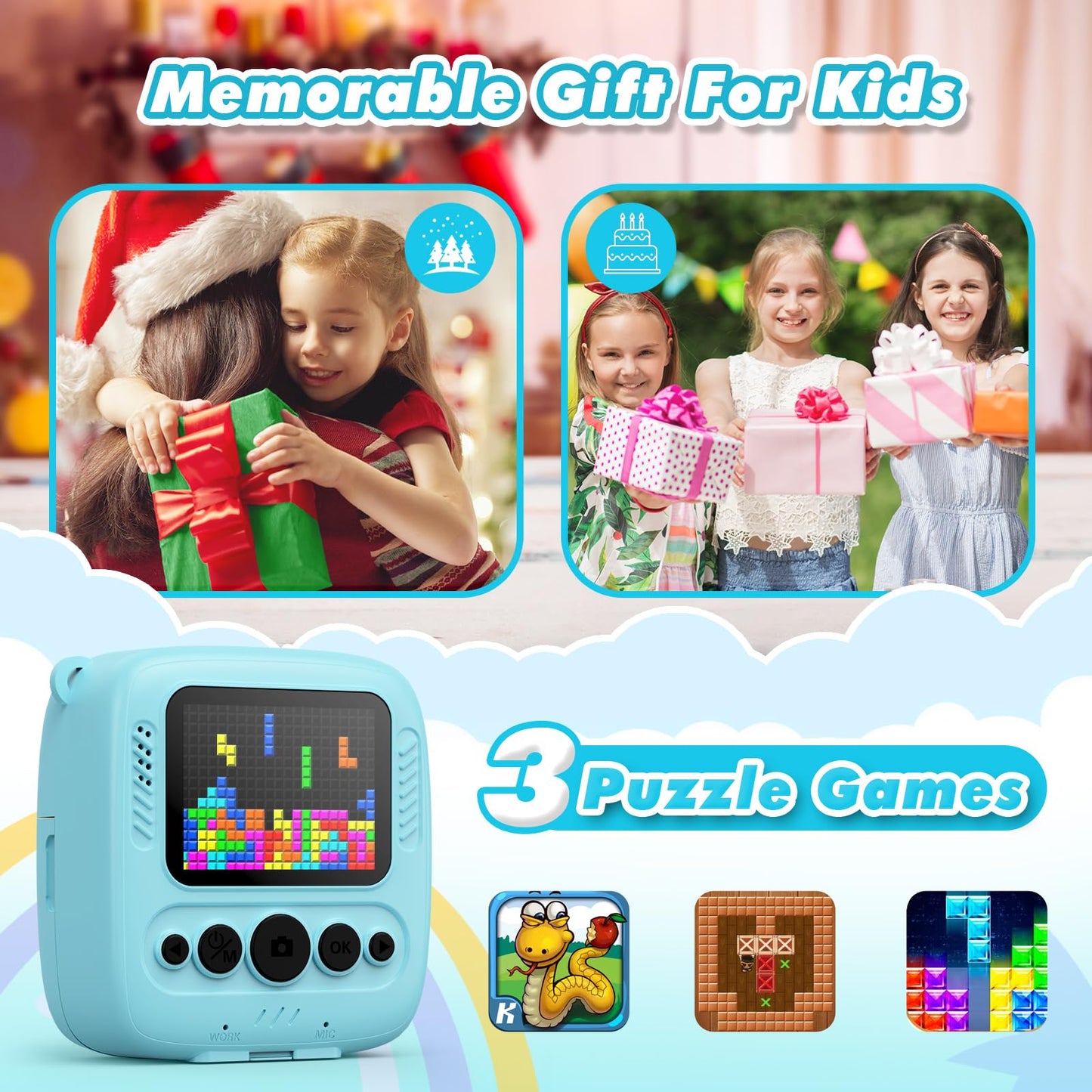 CalineGam Kids Camera Instant Camera, 48MP Instant Camera for Kids with 32GB card & printing paper, 1080P Digital Camera for Kids, Gifts for Boys and Girls 3-12 years old (Blue)