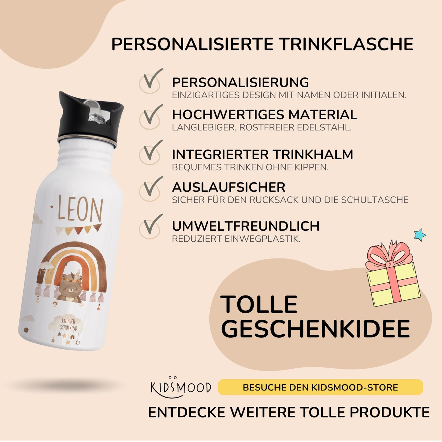 Kidsmood - Personalized stainless steel water bottle for children, 500ml with built-in straw, Leak-proof, Dishwasher-safe, and Perfect for school & kindergarten.