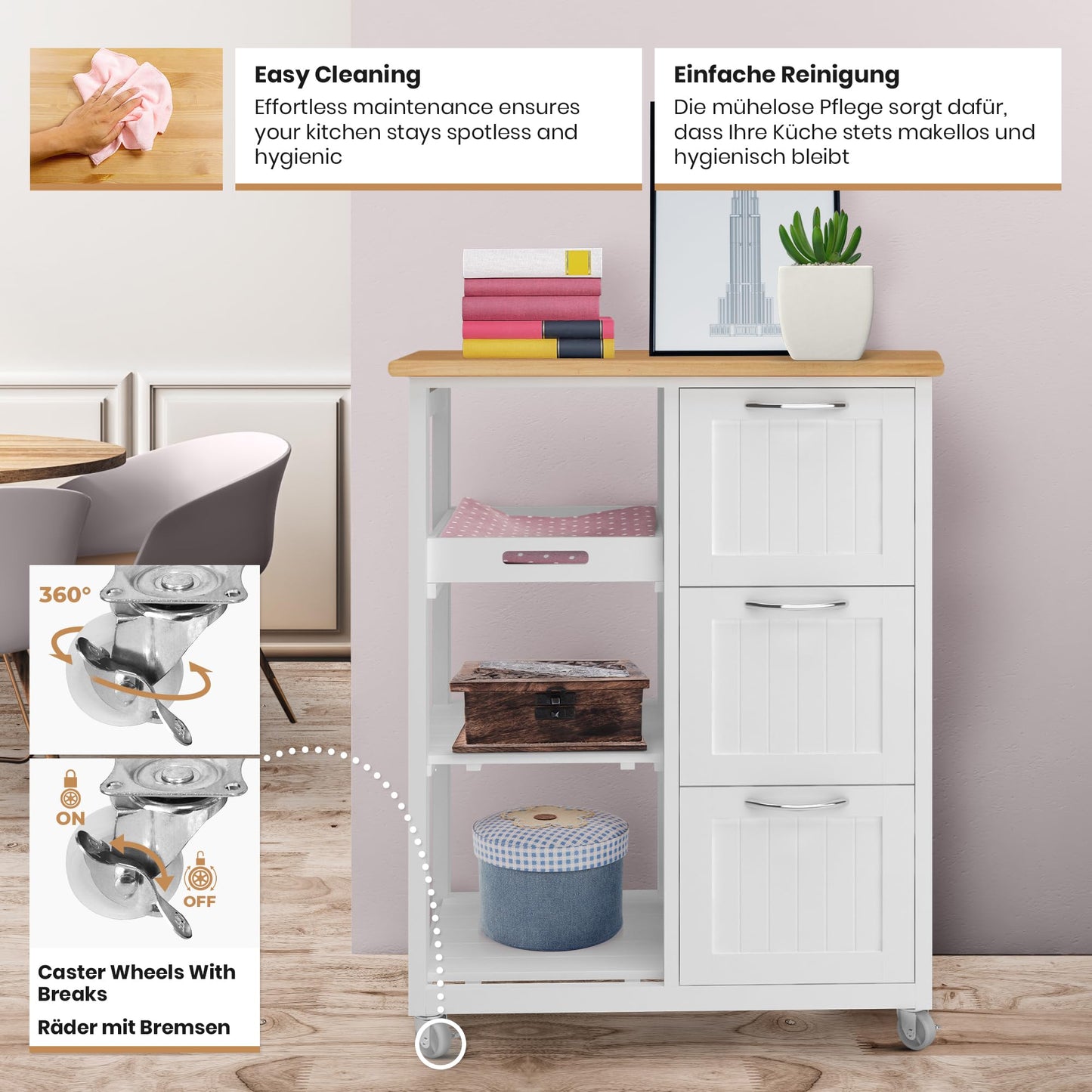 MIADOMODO® Kitchen Trolley on Wheels - 3 Drawers, 3 Levels, Worktop, Wood/MDF, 67x37x87cm, White - Serving Cart, Rolling Cart, Kitchen Trolley, Country Style Kitchen Cabinet, Side Cart, Kitchen Shelf