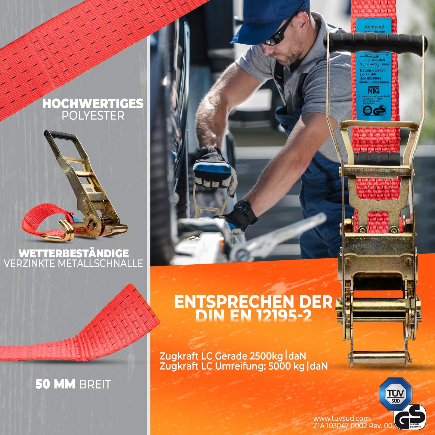 2 pieces of 5000kg 10m ratchet straps with ergo ratchet and hook, 2-part lashing strap for trucks, 50mm TÜV/GS approved.