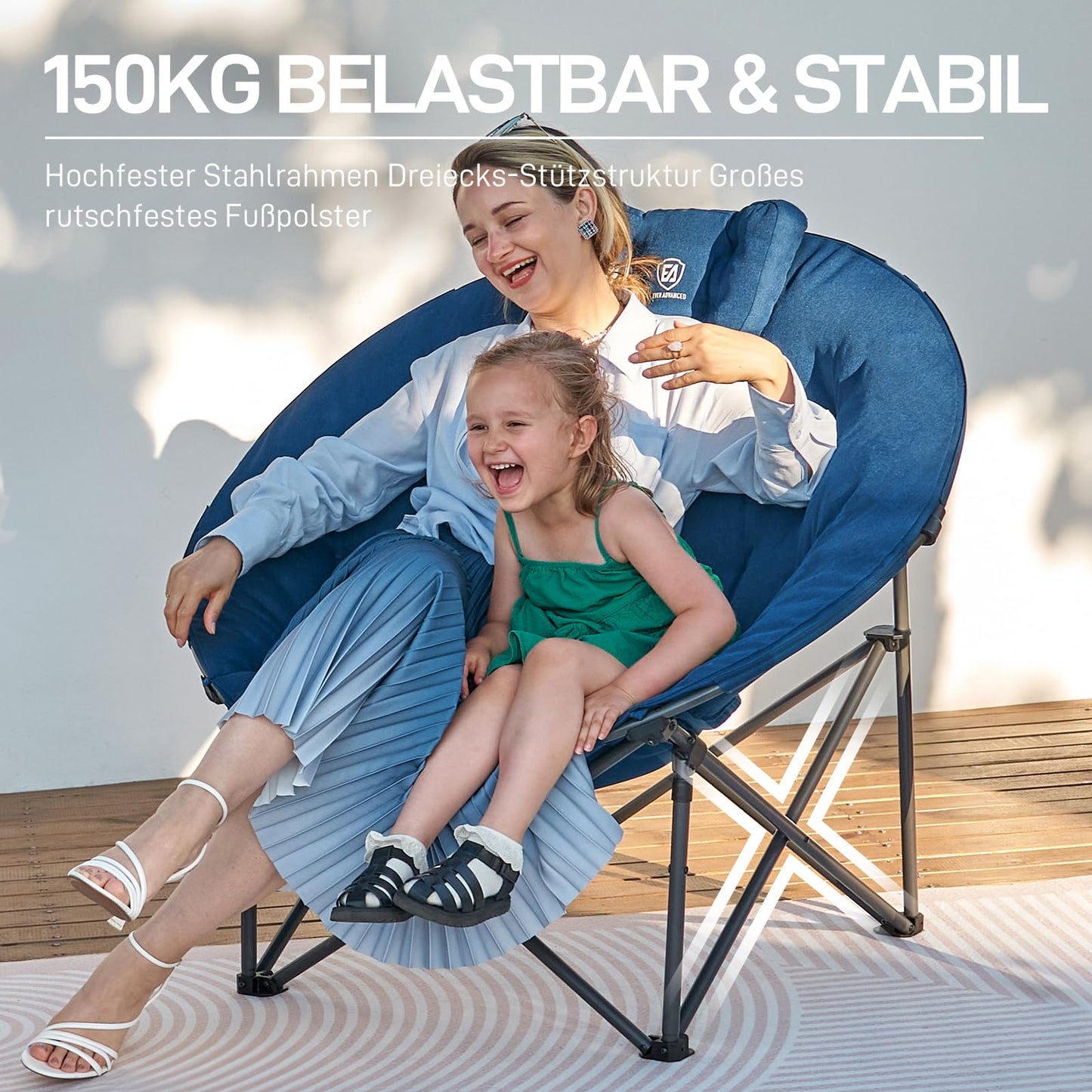EVER ADVANCED Luxury Camping Chair Foldable Moon Chair Oversized 150KG Round Folding Chair Thickly Padded, Oversized Folding Chair High Back with Cushion, Extra Wide for Outdoor Garden Balcony Indoor, Blue