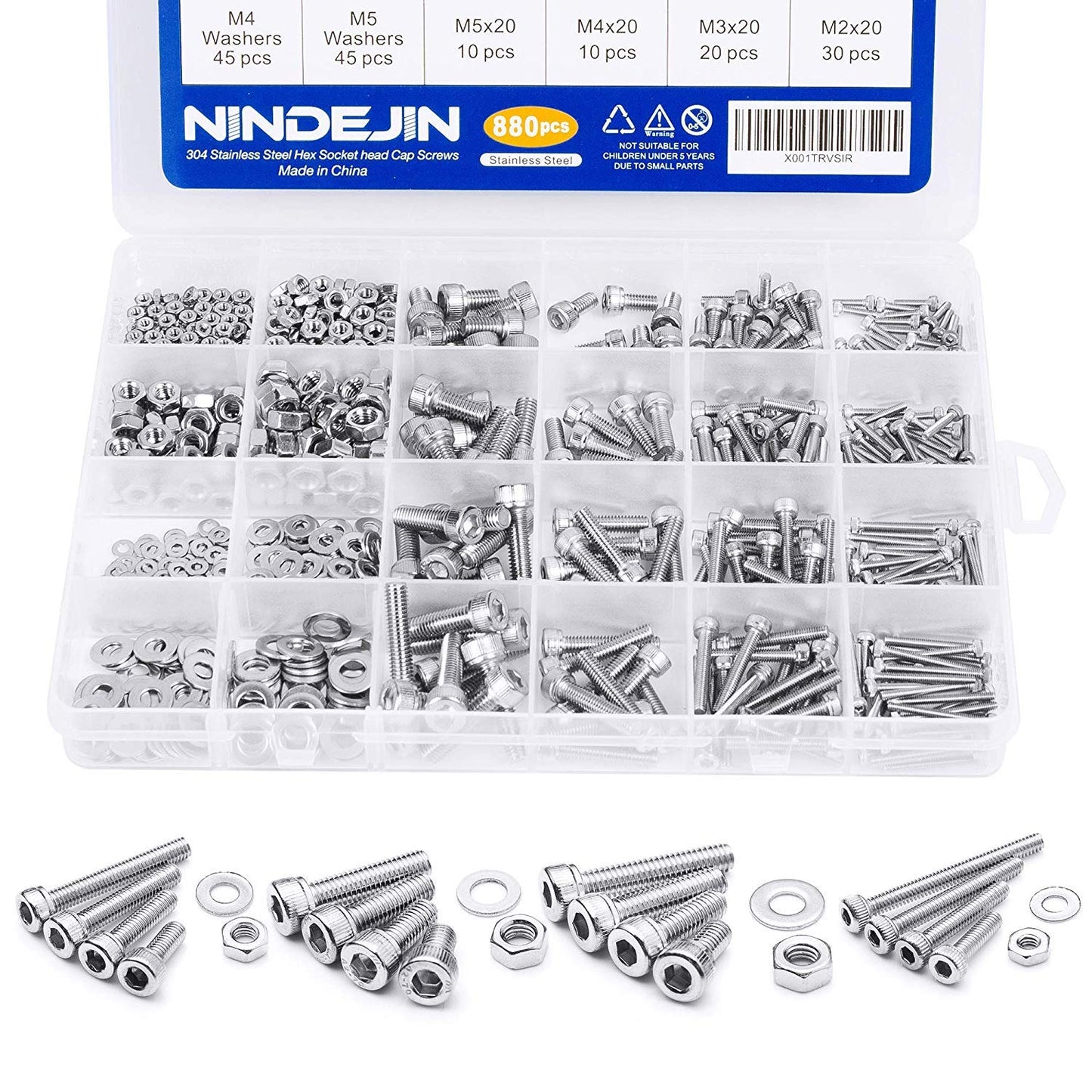880 Pcs Stainless Steel Hex Head Button Screws, Nuts, and Washers Assortment Kit with flat storage case box + Allen key.