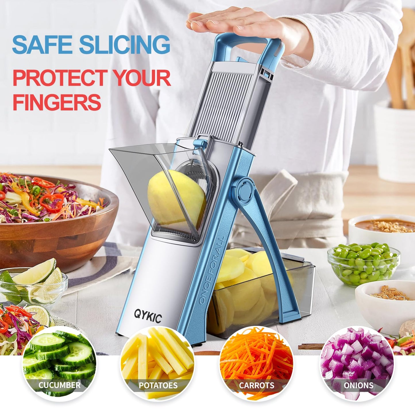 QYKIC Vegetable Cutter, ONCE FOR ALL Adjustable Vegetable Slicer Genius Mandoline Vegetable Slicer Potato Slicer Onion Slicer (Blue)