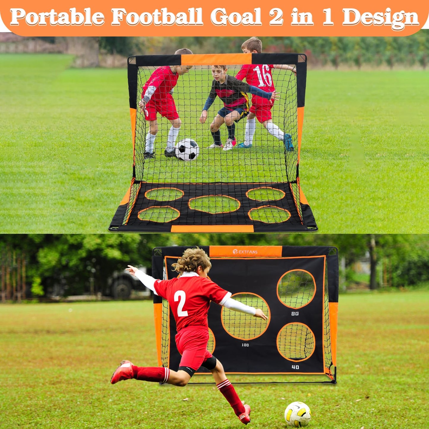 EXTFANS 2 in 1 Kids Soccer Goal, Pop-up Soccer Net with Target Goal, 4 U-shaped steel stakes and carrying bag, soccer goal for boys outdoor garden training gifts (1.2m*0.9m)