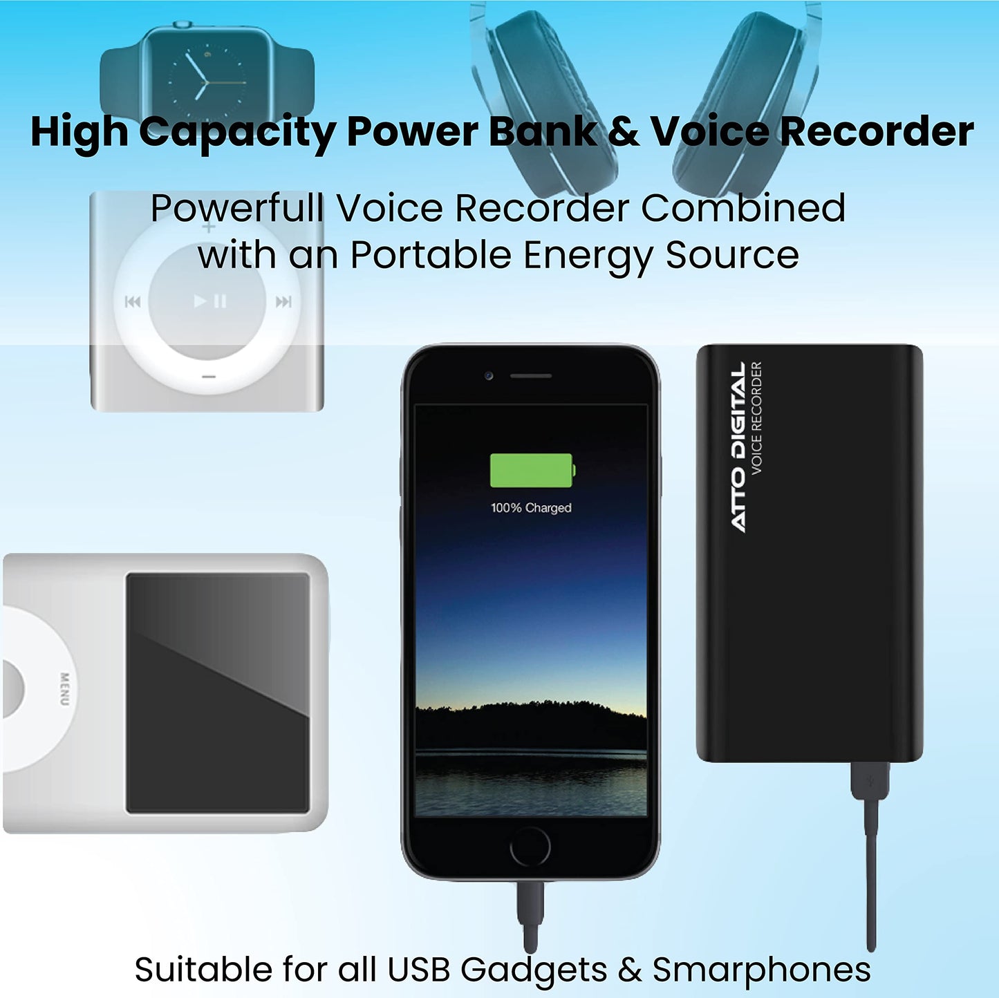 64GB Professional Recording Device - Voice Activation - 18 Days Operating Time - 11mm Thin - Power Bank Phone Charging Function - PoweREC by Atto Digital