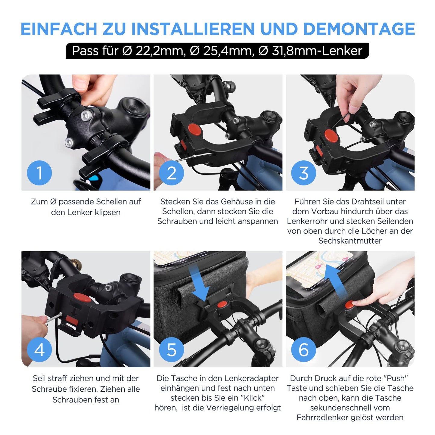 LEMEGO bike bag designed for e-bikes and bicycles, 5.3L capacity, waterproof handlebar basket with adapter. Features adjustable touchscreen phone holder and detachable shoulder strap.