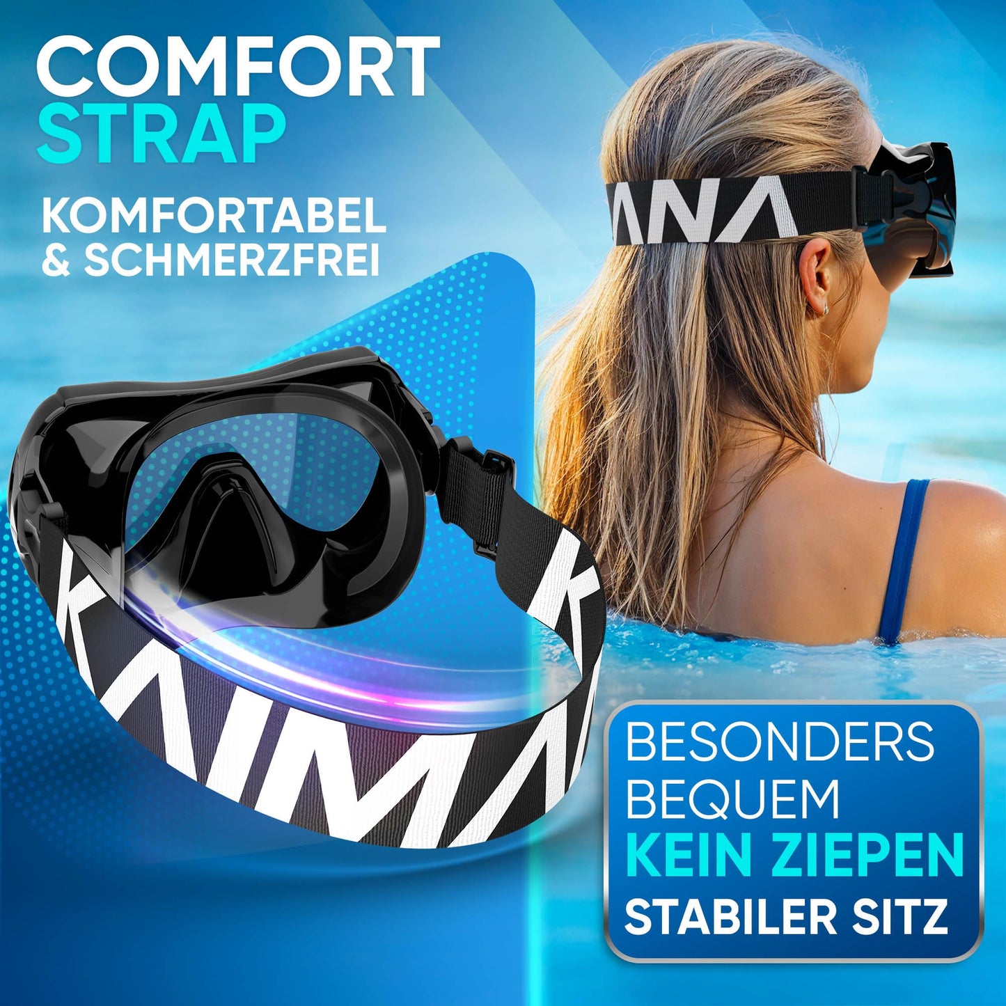 KAIMANA® Snorkel Set for adults with tempered safety glass (diving mask & dry snorkel), Comfortable adult diving mask with silicone or fabric strap.