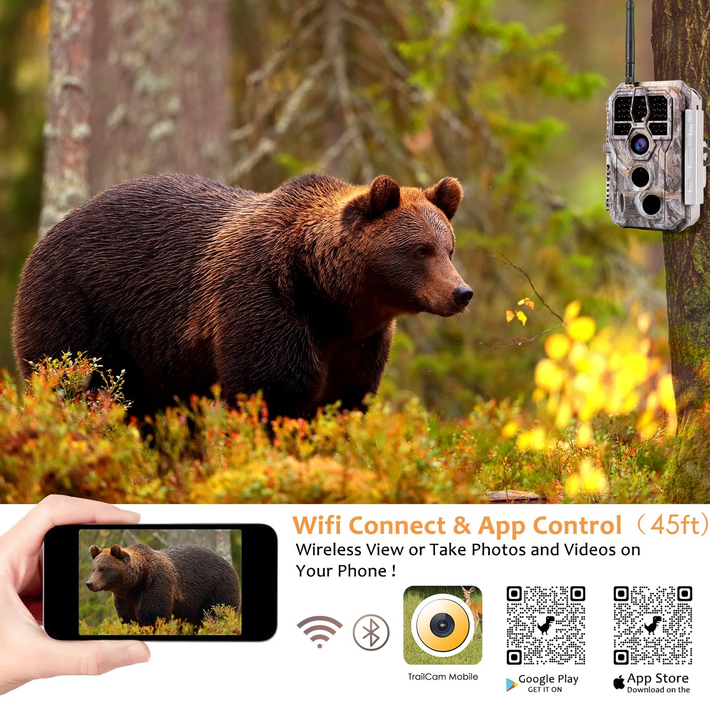 BlazeVideo wildlife camera with app, night vision photo trap 64MP 1296P Connect through app Bluetooth antenna with night vision motion detector