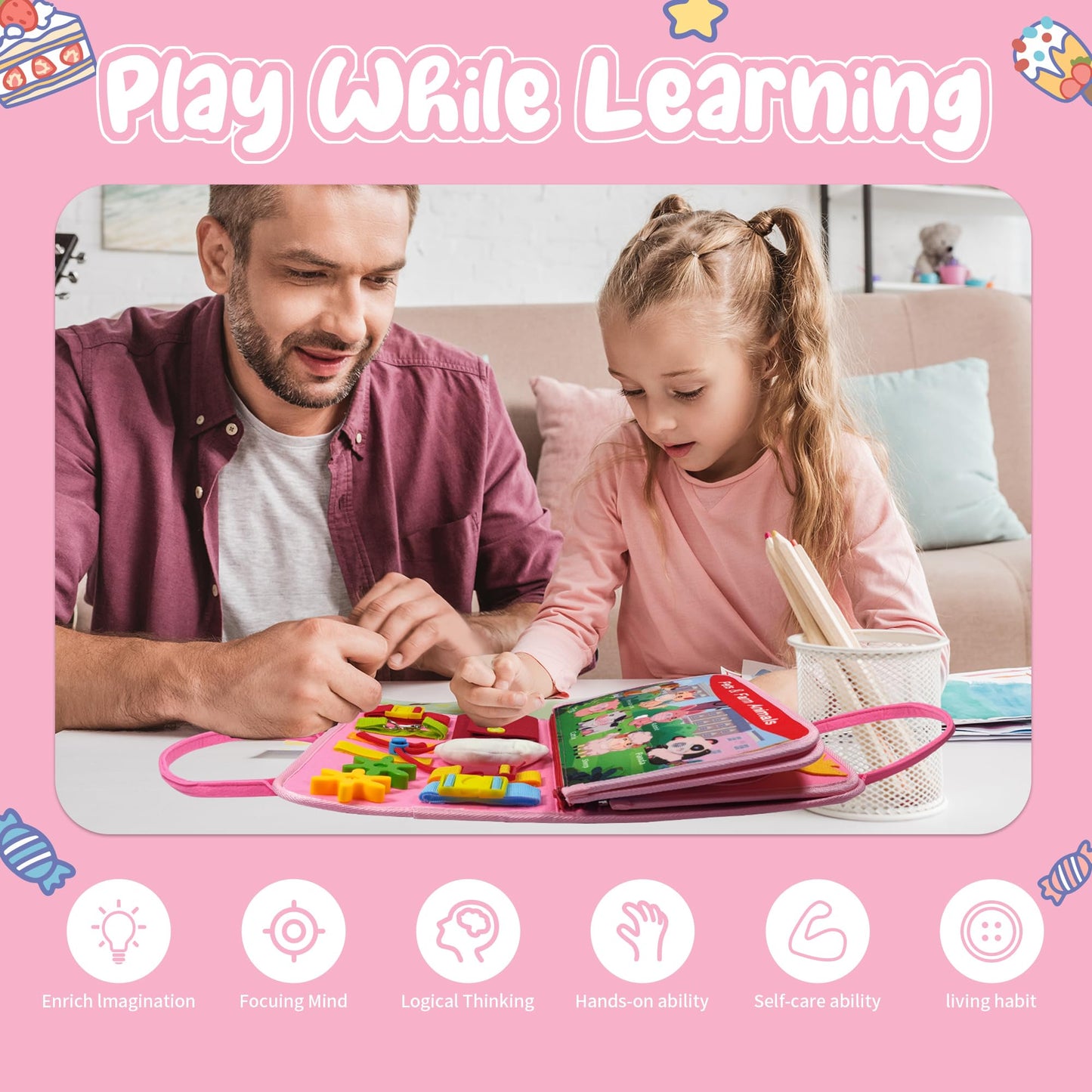 TenFans Busy Board - Montessori toy for 1-4 year olds - Sensory toys - Gifts for girls to learn fine motor skills - Educational activities travel toy for car and airplane