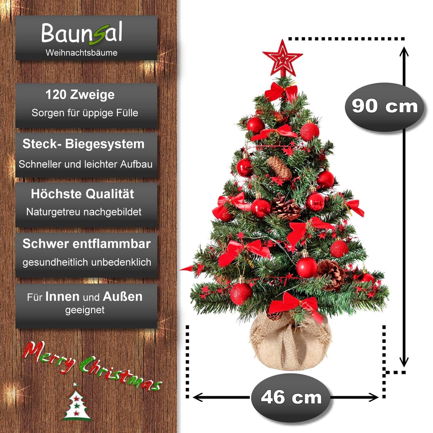 Artificial Christmas tree (WBD) 90 cm green with red Christmas decorations and LED fairy lights with battery box and remote control small artificial fir tree