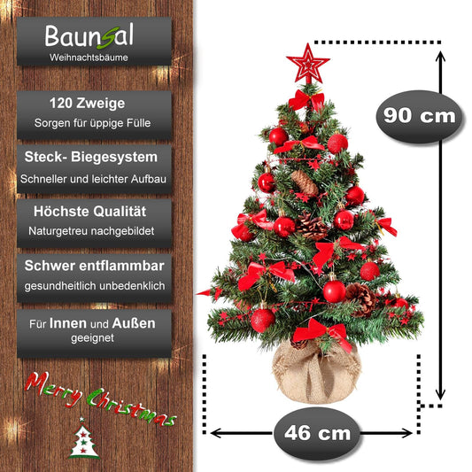 Artificial Christmas tree (WBD) 90 cm green with red Christmas decorations and LED fairy lights with battery box and remote control small artificial fir tree