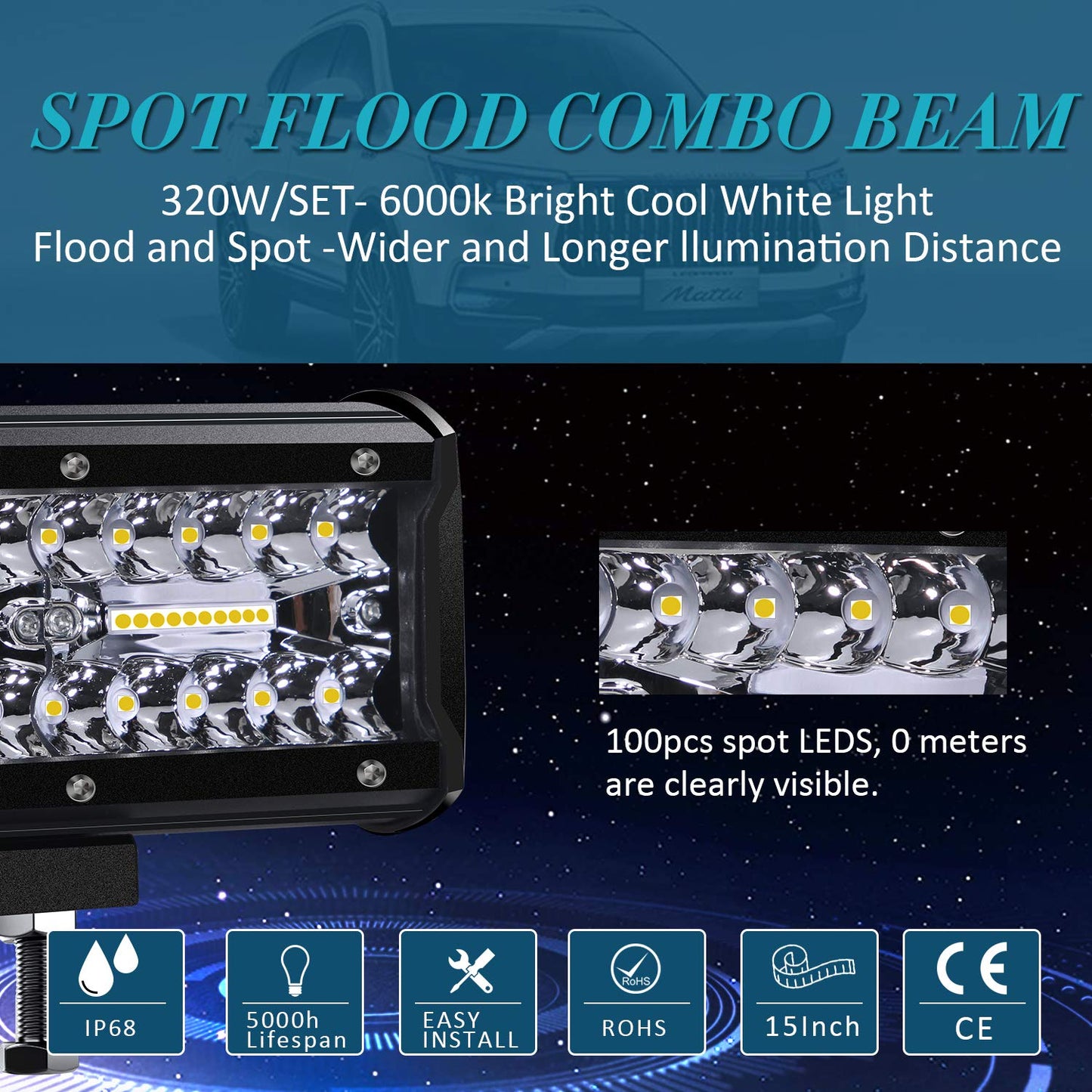 Kraumi LED auxiliary lights, 15 inch 320W Cree LED work lights 32,000lm LED headlights 12V car headlights Offroad floodlight Waterproof IP68 work light.