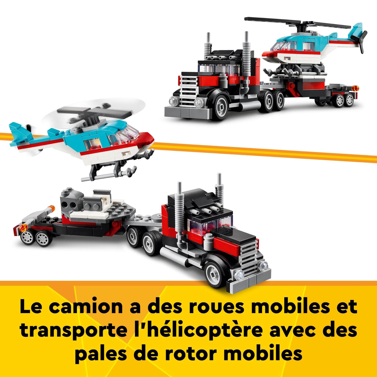 LEGO City Car Transporter with Racing Car, Truck Toy with Adjustable Ramp and Racing Car & Creator 3in1 Low Loader with Helicopter, Vehicle Set with Helicopter and Truck Toys