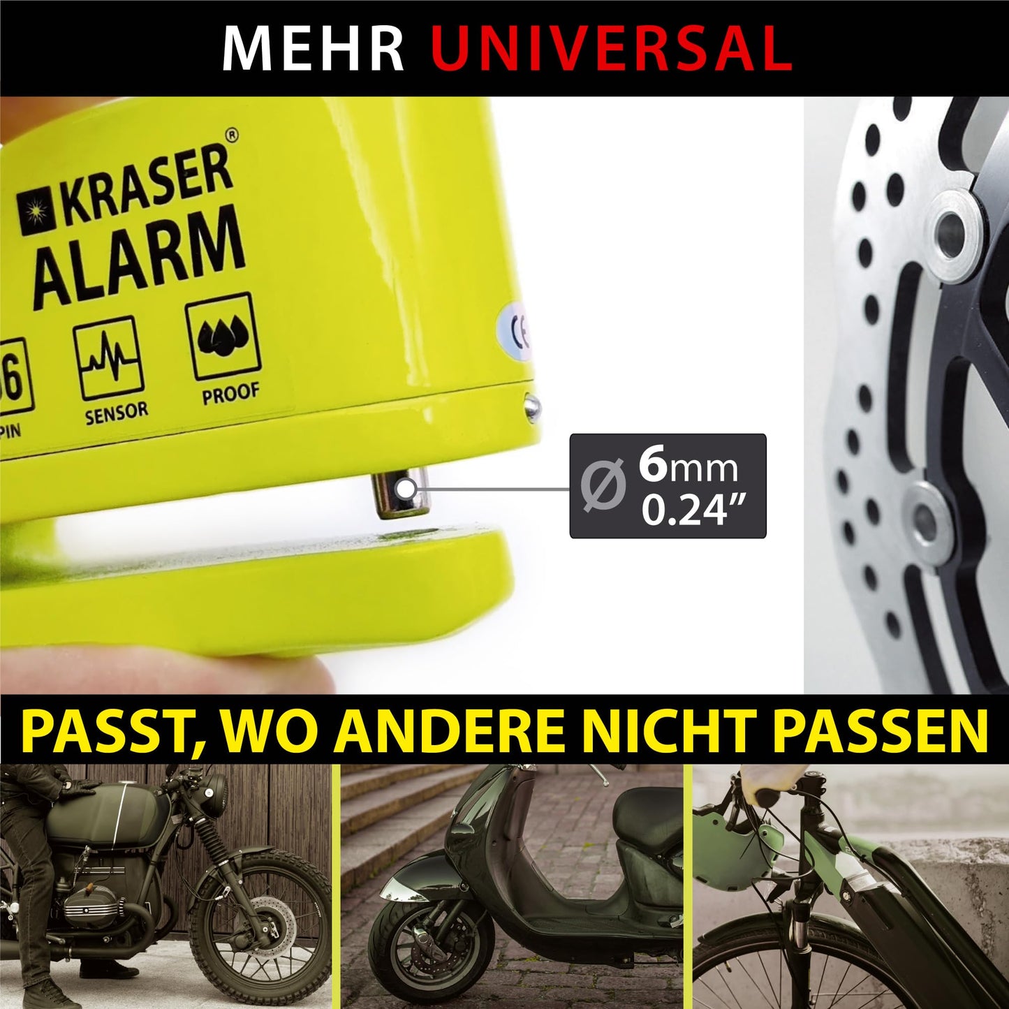 KRASER KR6Y Brake Disc Lock with Alarm 110 dB, Reinforced, 3 keys (2 spares) High Security Motorcycle Lock, Waterproof, 1.5m Reminder Cable, Bag, Universal Motorcycle Lock, Bike Lock