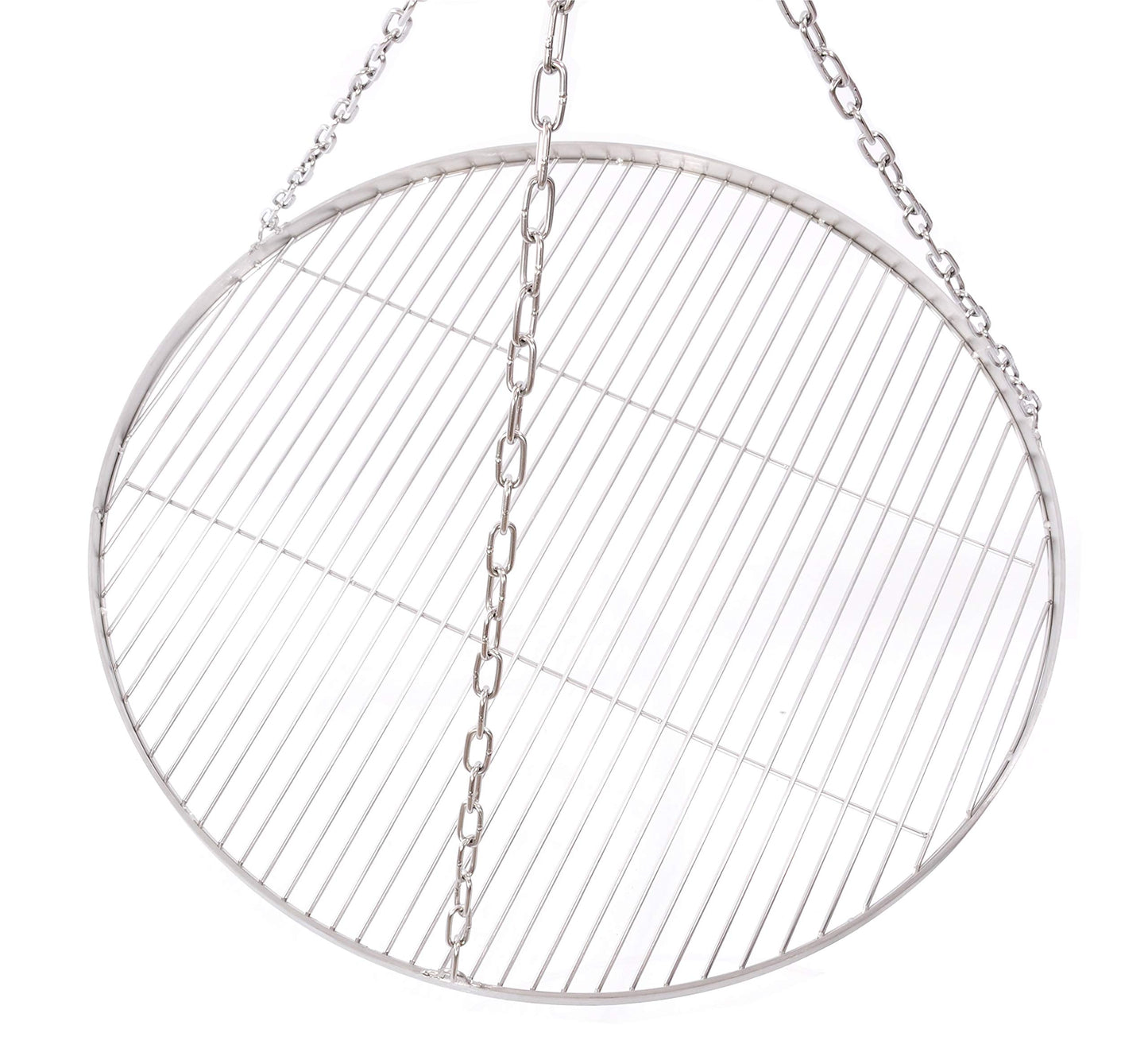 70 cm stainless steel grill grate for tripod swing grill, with chain and 14 mm rod spacing.
