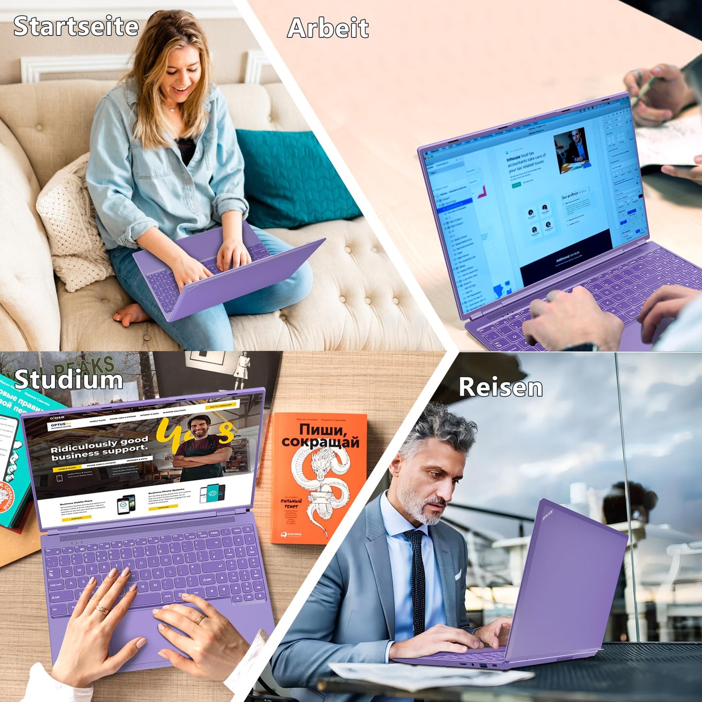 AOCWEI Laptop 16 inch 12GB RAM 512GB ROM Expandable 2.5" 1TB SSD, Laptop Win 11 with 4-Core CPU N5095 (up to 2.9 GHz), 1920*1200 | 5G WiFi | Bluetooth & German Keyboard Sticker-Purple.