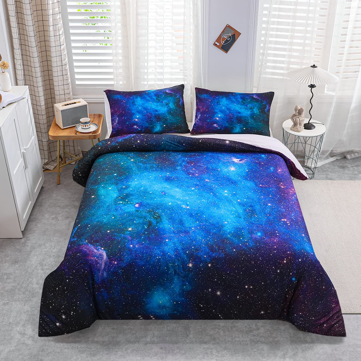 Loussiesd bedding set galaxy starry sky duvet cover set for kids boys girls soft breathable microfiber 135*200cm bed set with zipper and 1 pillowcase 80x80cm.
