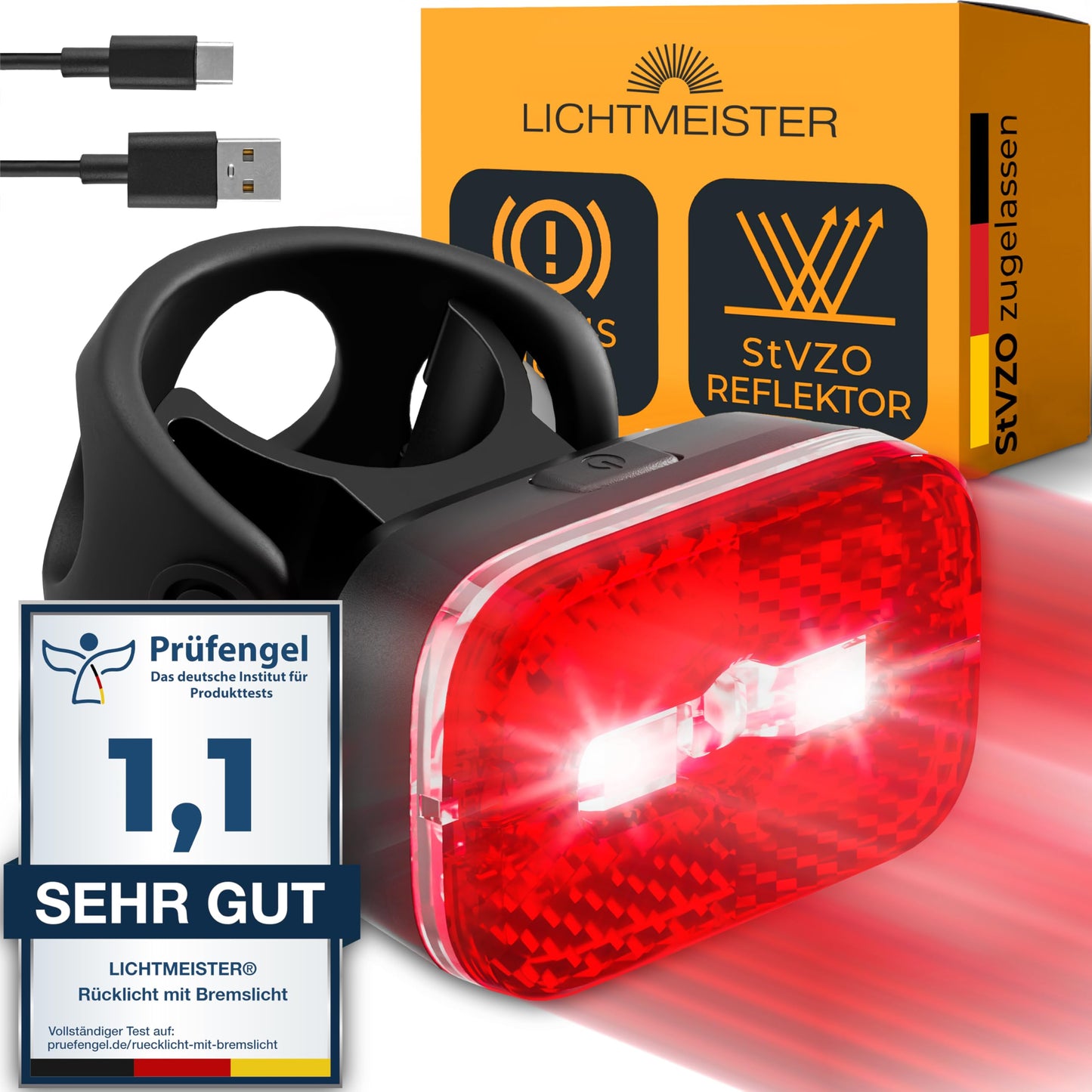 LIGHT MASTER® bike tail light with reflector and brake light function - bike tail light with StVZO approval - rear bike light - bike tail light LED - bike tail light.