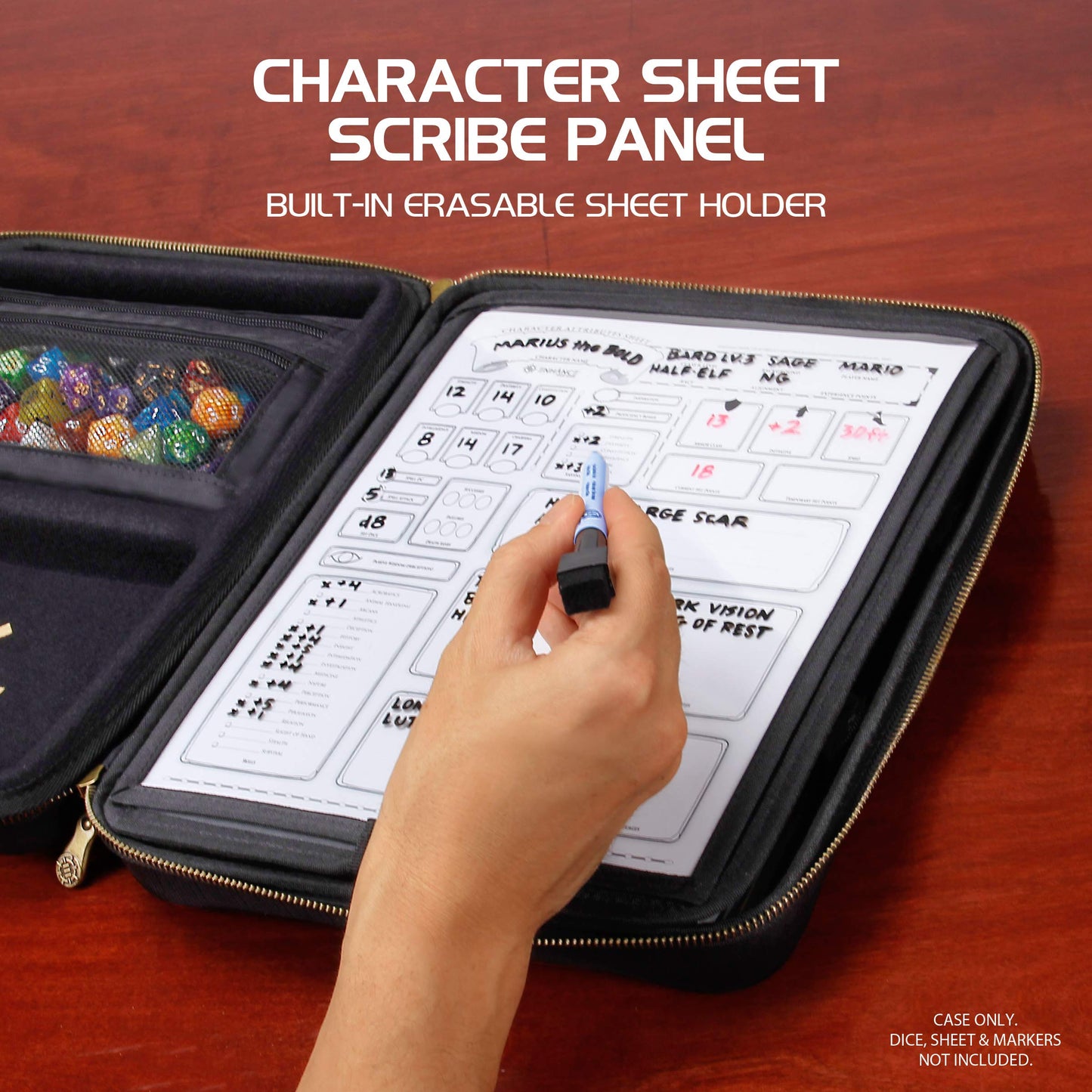 ENHANCE RPG Organizer Case - D&D folder with integrated character sheet holder, dice rolling area, removable pen pocket, miniature foam storage (Black)