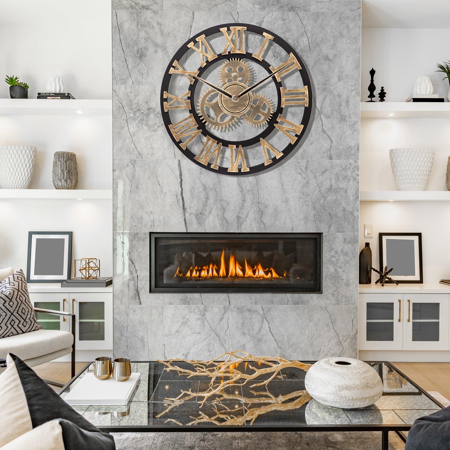 Lafocuse Wooden Wall Clock Large Industrial Gold, Silent Vintage Wall Clock 60cm XXL, Gear Roman Numerals Steampunk Large for Living Room Kitchen