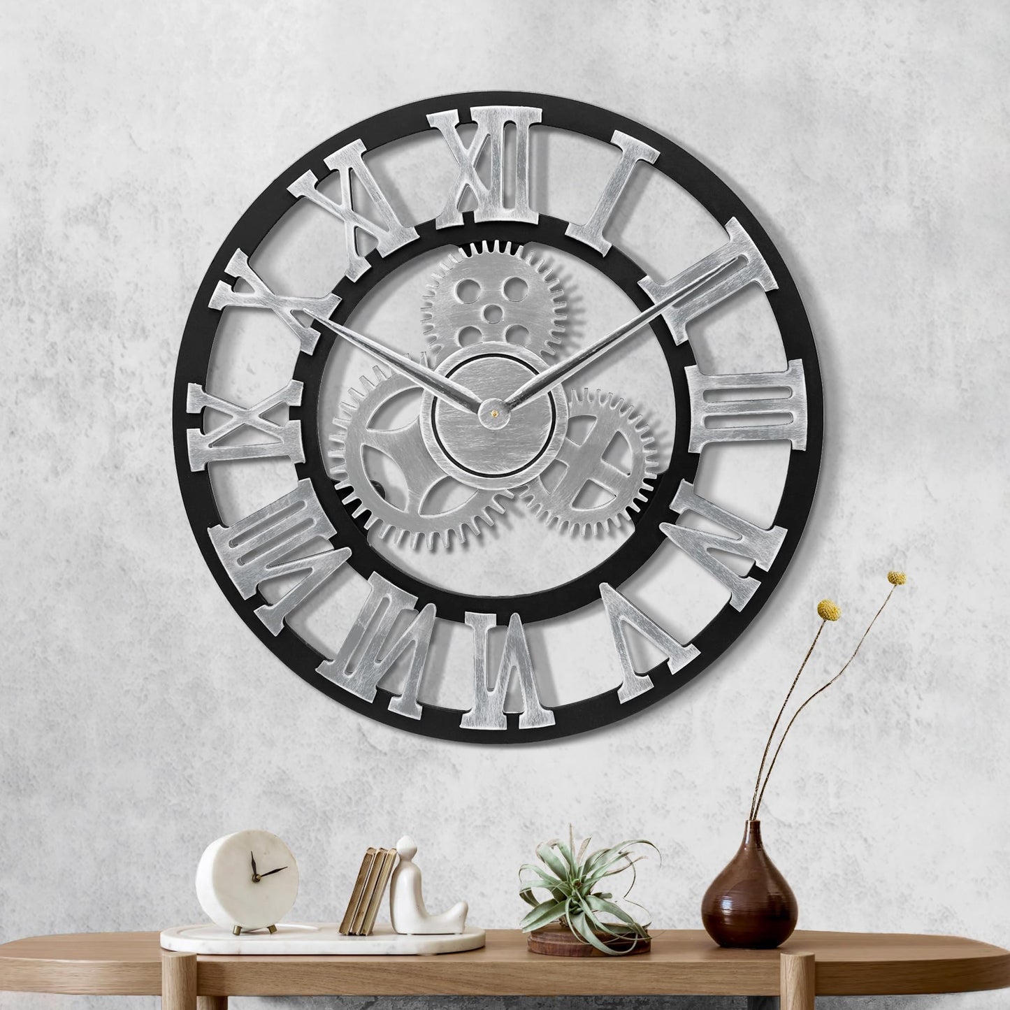 Lafocuse wooden wall clock large industrial silver, silent vintage wall clock 60cm XXL, gear roman numerals steampunk large for living room kitchen.