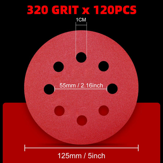 120 pieces of sandpaper 125mm Velcro 320 grit sanding discs for 8 hole round orbital sander sanding wood metal and paint.