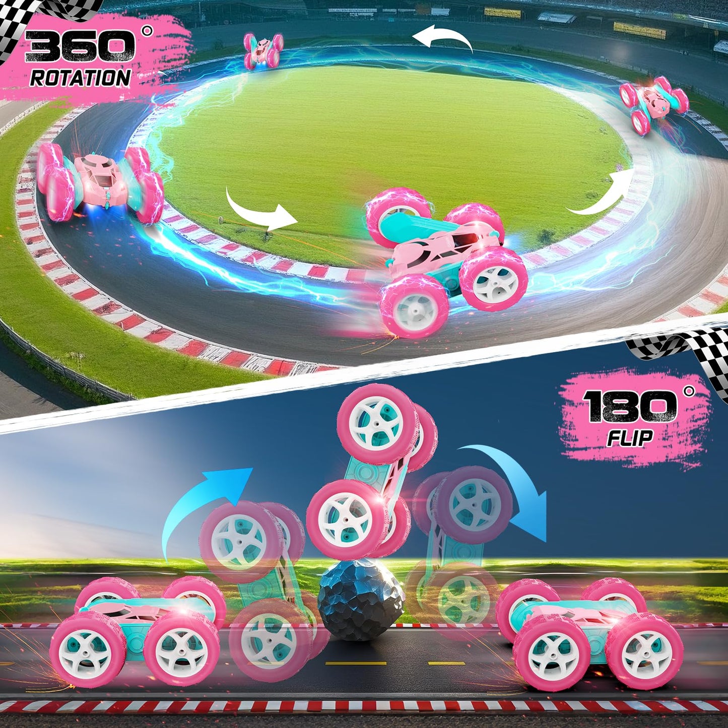 Cosone Remote Control Car for Girls, All-wheel Off-road Stunt RC Car with Headlights, Double-sided 360° Rotating Toy, Gifts for Kids 6+ (Pink)