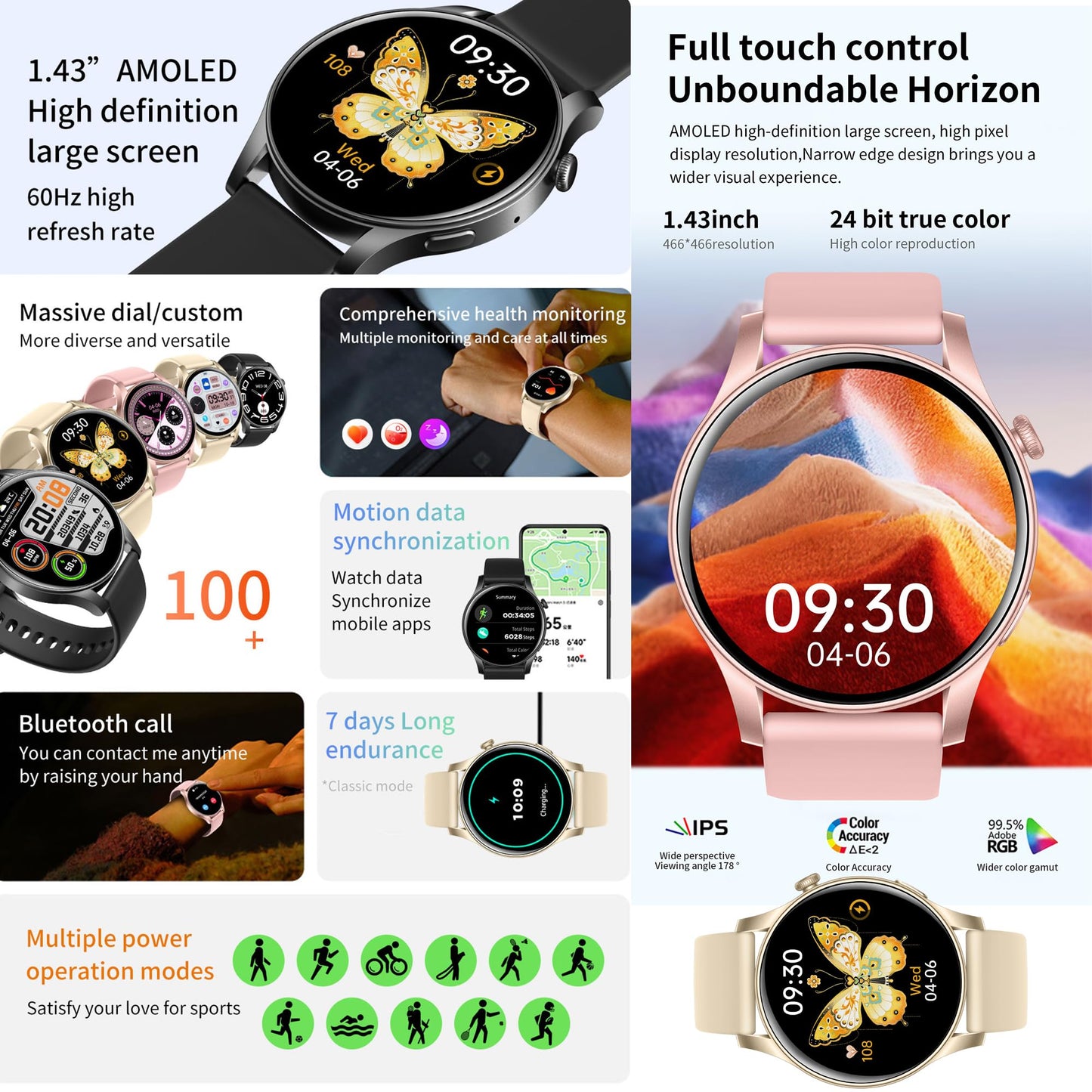 Women's smartwatch with phone function, 1.43" AMOLED fitness watch with 100+ sport modes, heart rate monitor, sleep monitor, step counter, fitness tracker compatible with Android/iOS, 3 bands, gift for women (gold)