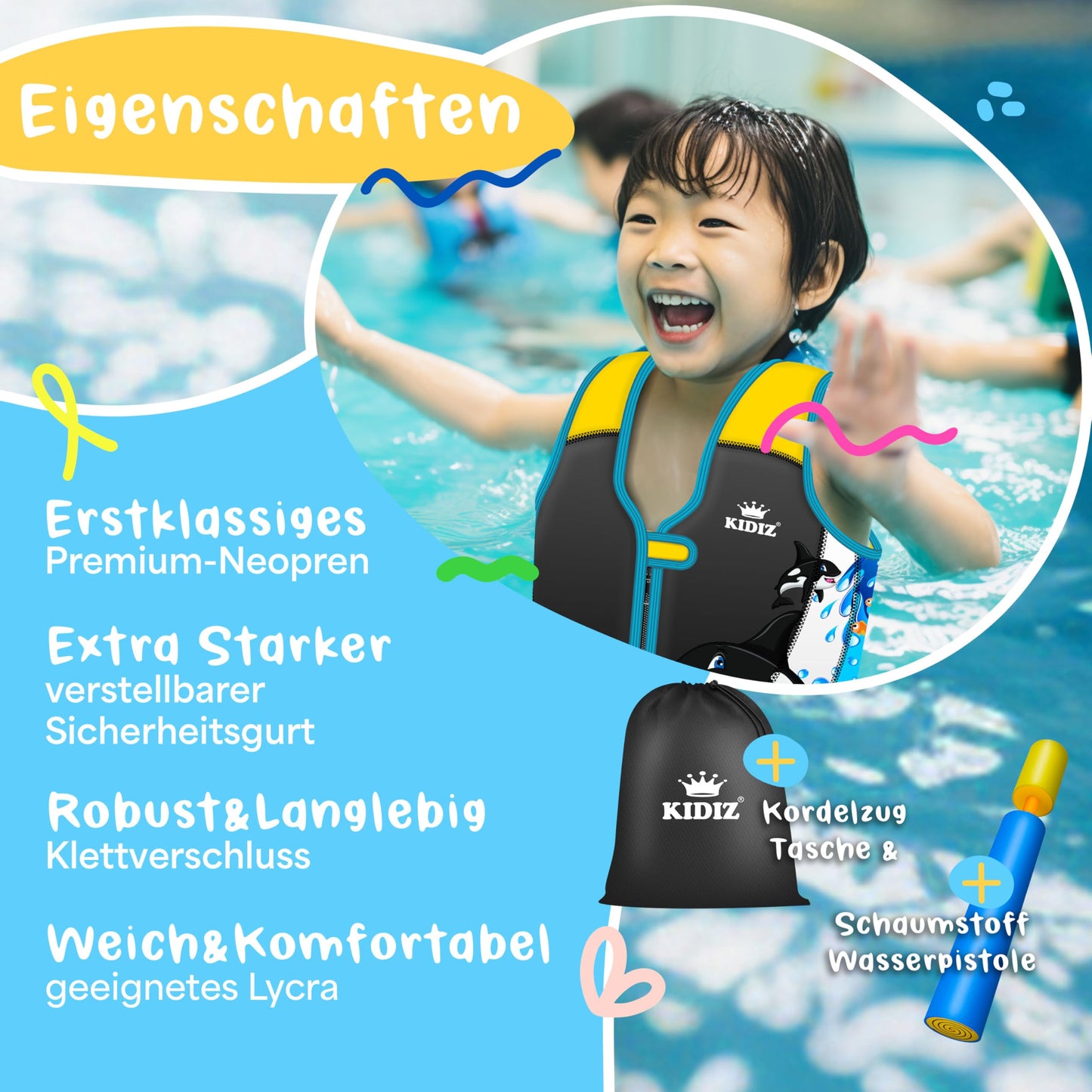 KIDIZ® Swim Vest Kids M 2-5 years | Swim Aid Boys & Girls Float Jacket Babies & Toddlers | Neoprene Swim Vest with Water Gun | Adjustable Safety Strap