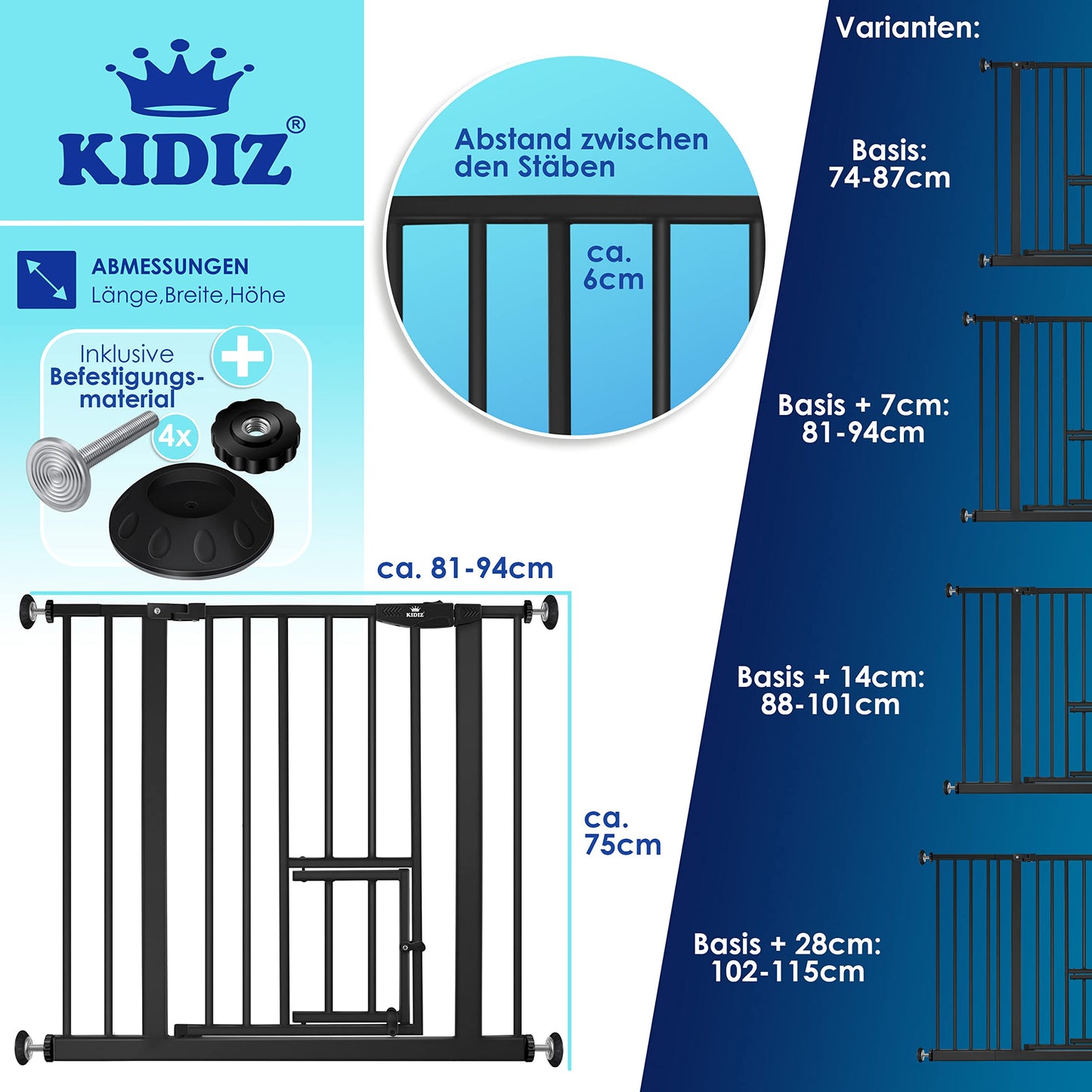 KIDIZ® Door Safety Gate | Stair Gate for Kids | with Pet Door for Dogs and Cats | No Drilling | Expandable | Compatible with Y-Spindles | Swivel Door | Size: 81-94 cm