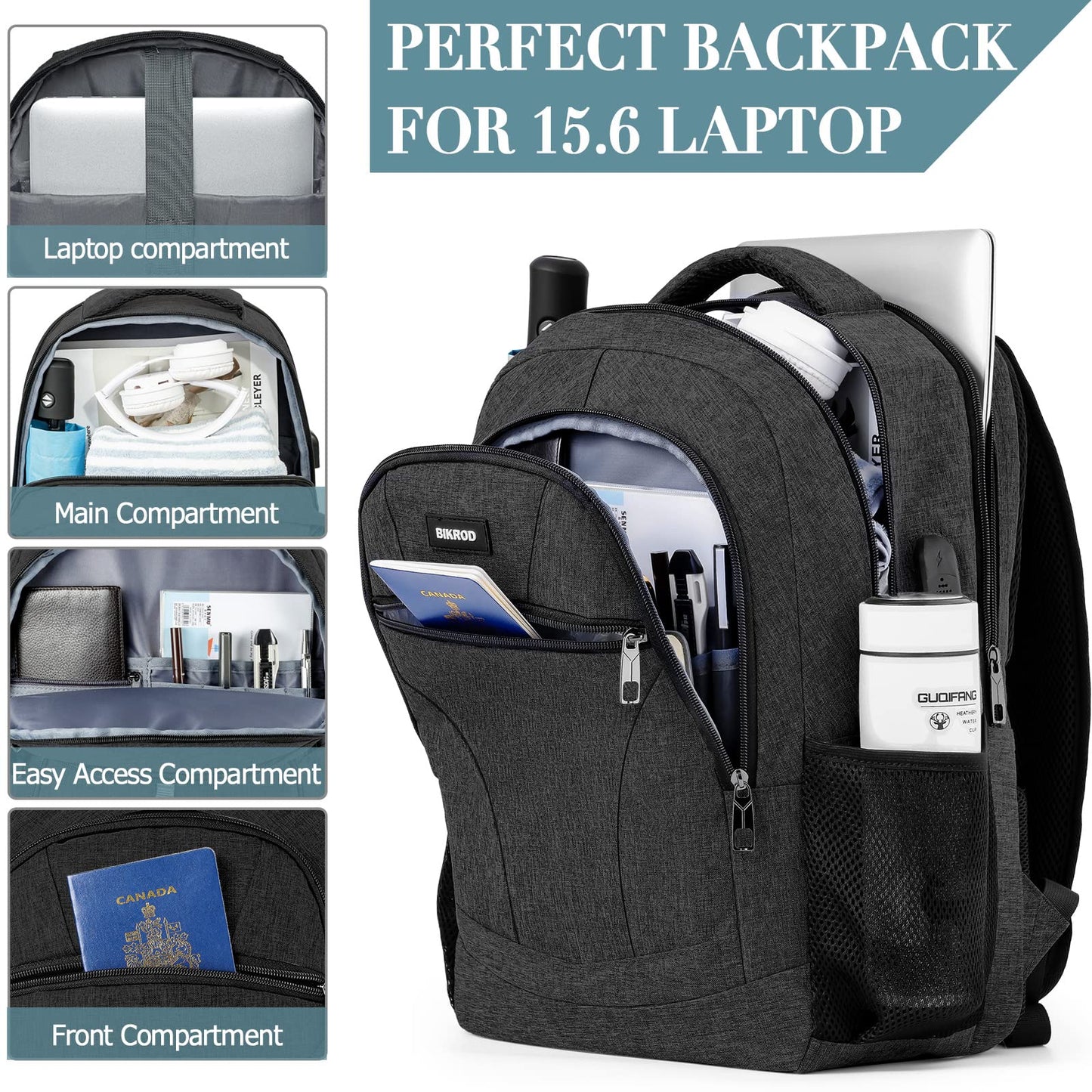 BIKROD backpack for men, school backpack for teenage boys, 15.6 inch laptop work daypack with USB charging port for business, hiking, travel, camping school bag, black