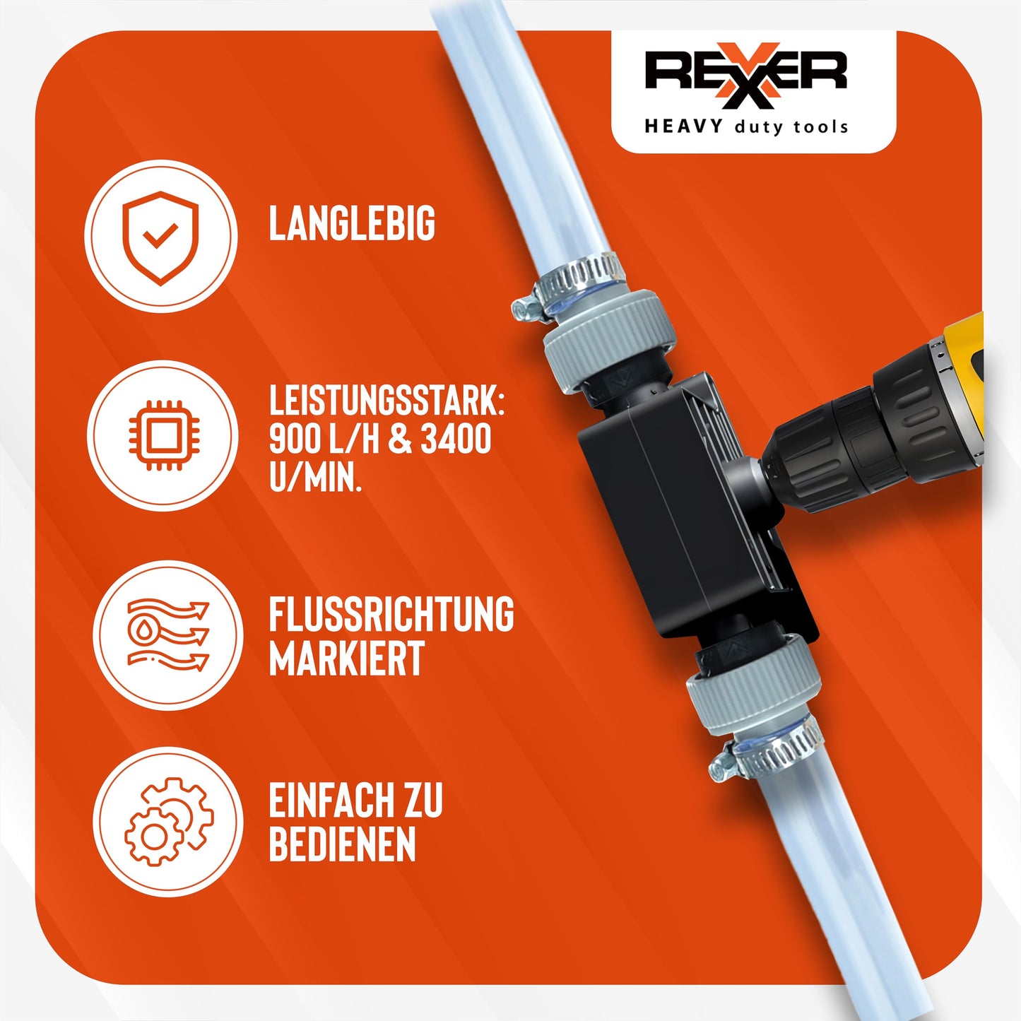 REXXER Water Pump (Set) - Drill pump/Cordless screwdriver pump - ready for immediate use with 2m hose, clamps, & 2x hose couplings (900 l/h)