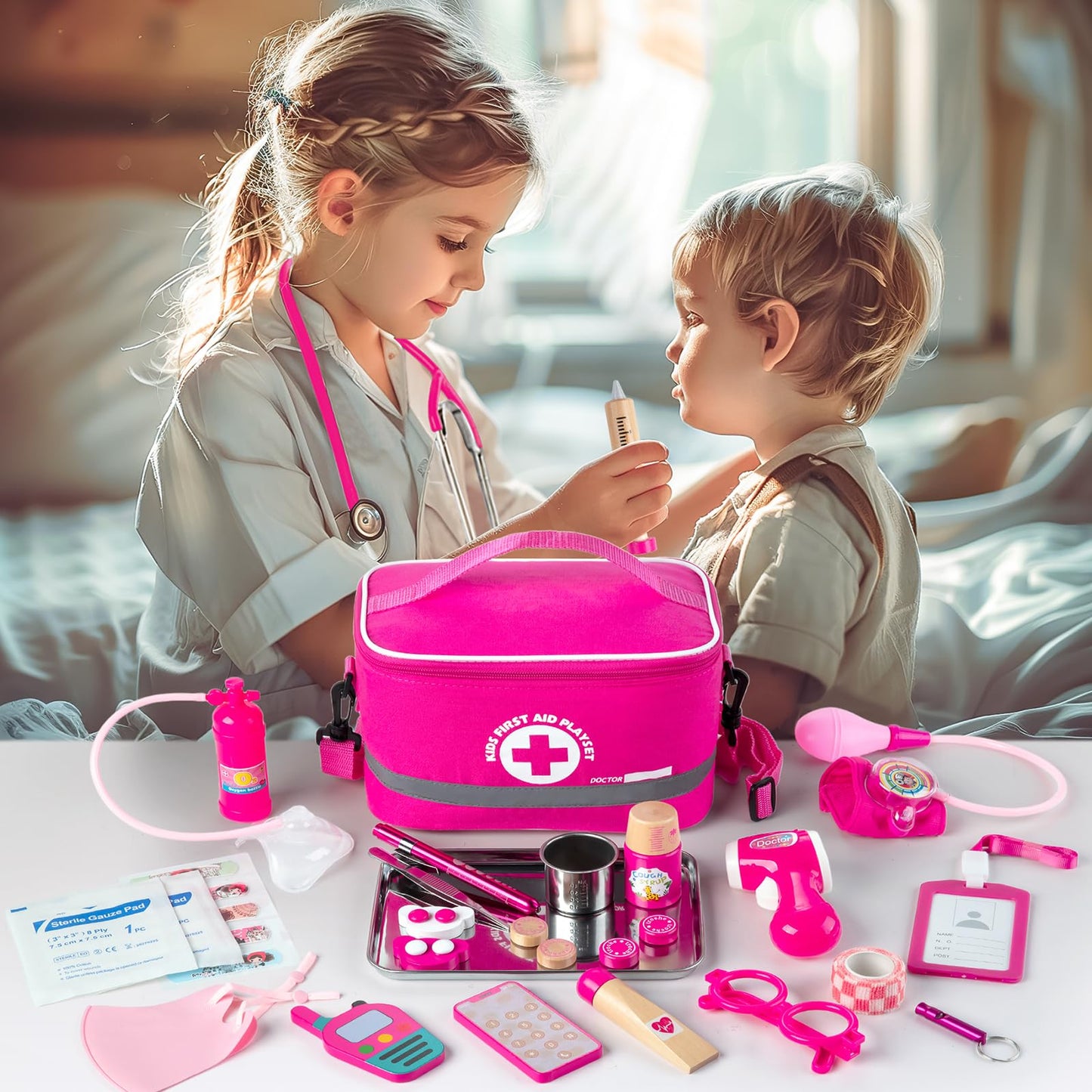 EFO SHM Doctor's Kit for Kids Wooden Doctor's Case with Real Stethoscope, Doctor's Coat, Doctor's Bag, Thermometer, and Syringe - Gift for Children Role-Playing Toys from 3 years