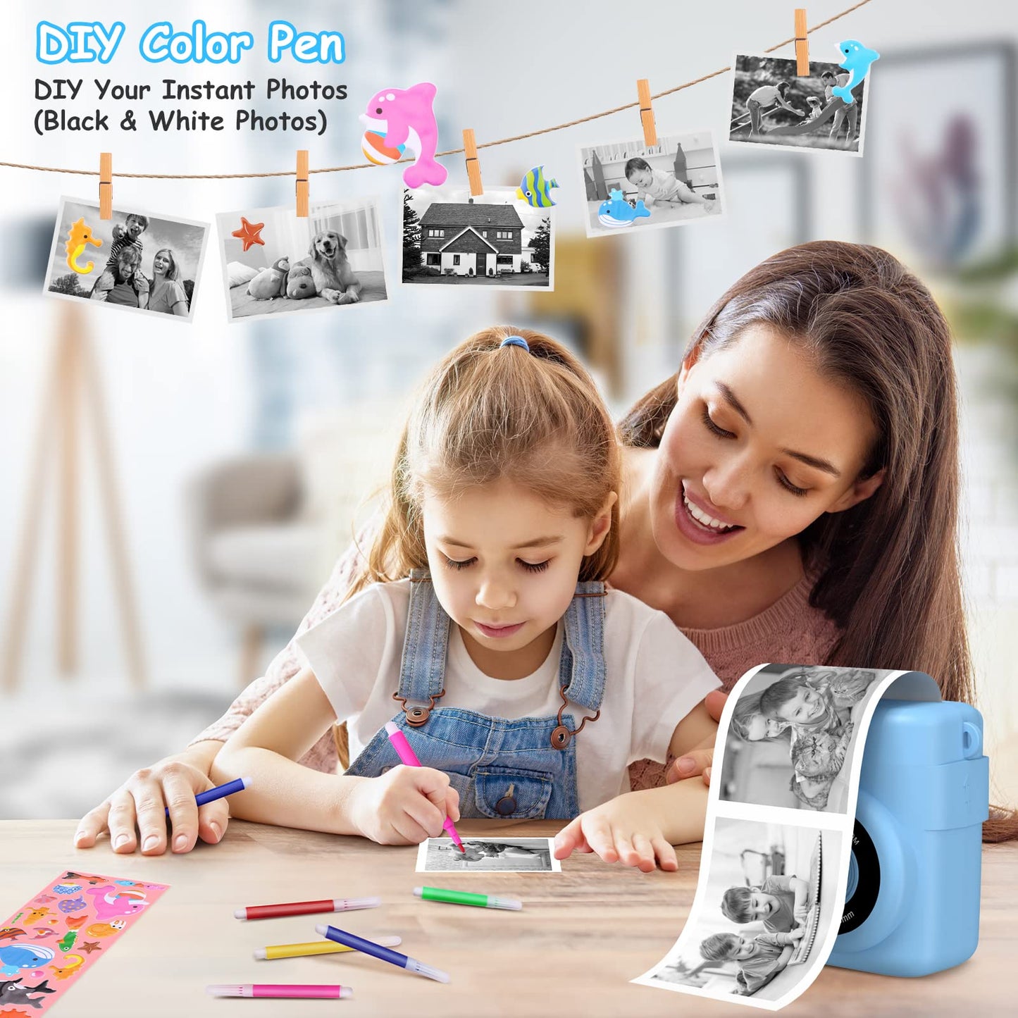 GREENKIDS Kids Camera Instant Camera, 1080P 2.4 Inch Screen Instant Camera for Kids with Printing Paper & 32GB Card, Digital Camera for Kids with Colored Pens Gift for Boy 3-12 Years