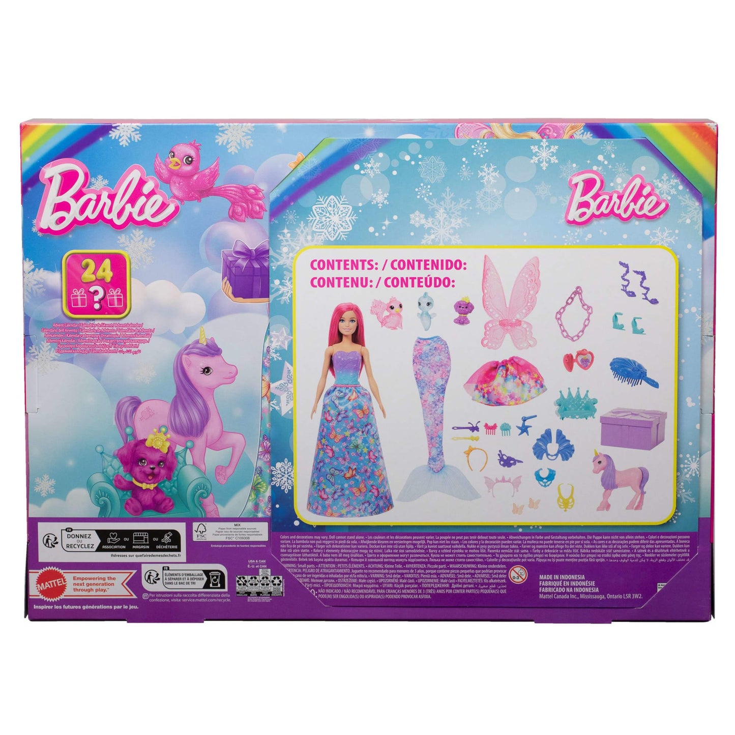 Barbie Advent calendar with doll and 24 surprise accessories including unicorn and 3 animals. The fashion doll with pink hair can transform into a mermaid, fairy, and more.