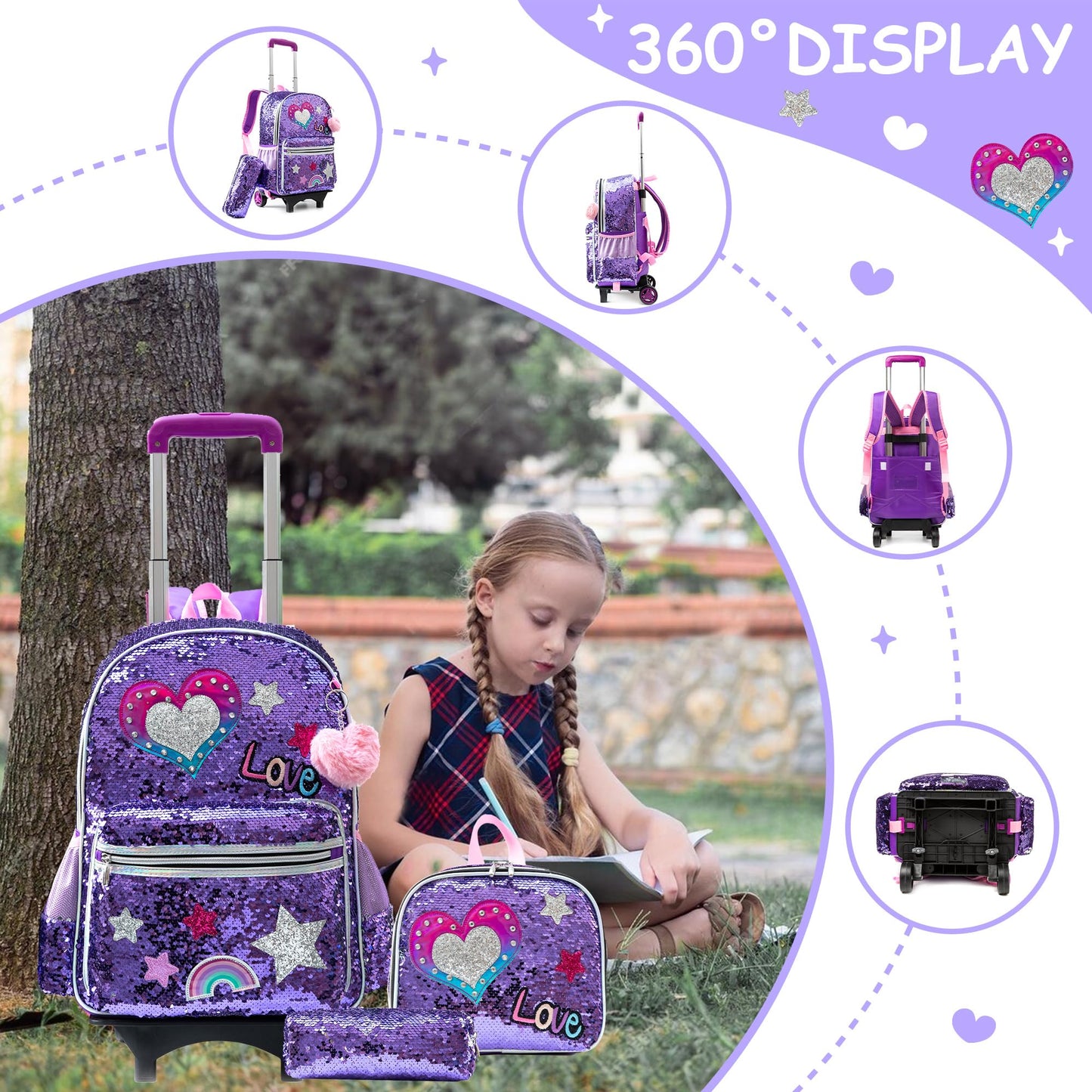 HTgroce Purple Love Trolley Backpack with Wheels, Pencil Case, Lunch Bag 3 in 1 Sequin Rolling School Bag for Girls, School Bag Sets Perfect for Children Students in Grades 2-6