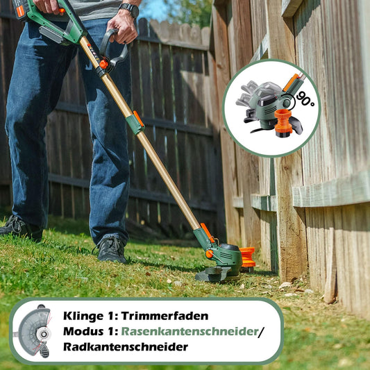 Cordless grass trimmer (21V 2x4.0AH battery and charger, auxiliary slide wheel, 90° rotating head, telescopic handle, includes 2x saw blades, 2x metal blades, 20x trimmer lines) brushcutter battery.