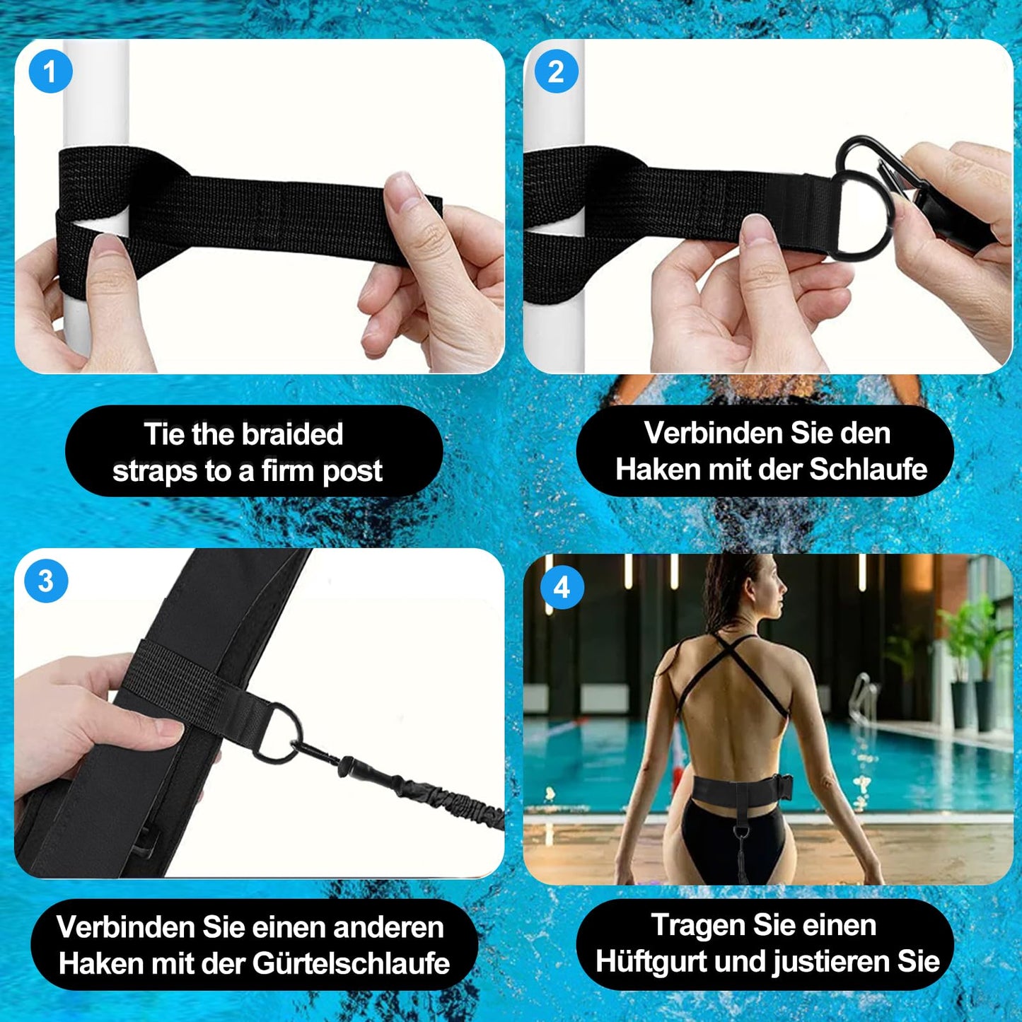 Pool swimming belt for kids and adults, 4-7.5M swim trainer swim cord with adjustable swim resistance belt, increases strength and endurance, perfect alternative to a counter-current system.
