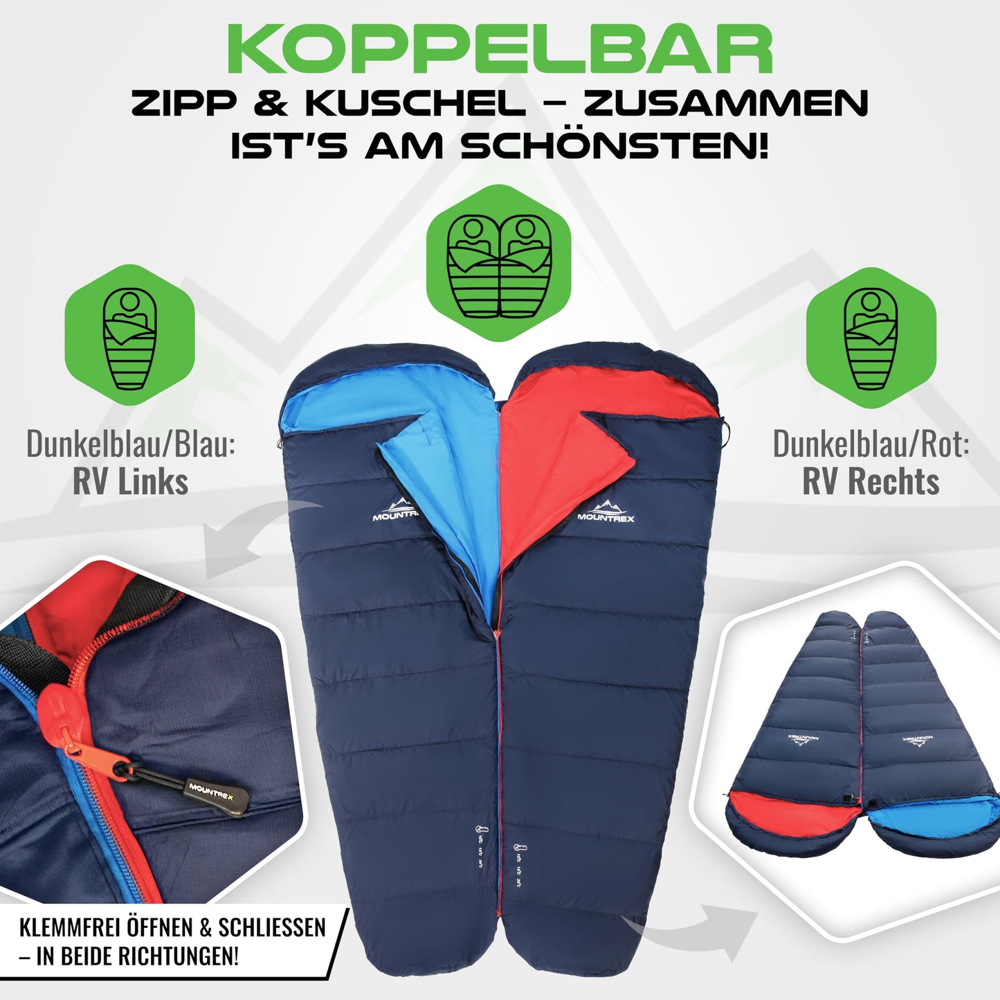 MOUNTREX® Sleeping Bag - Small pack size & Ultralight (760g) - Outdoor summer sleeping bag, mummy sleeping bag (205x80cm) - Compact, warm and light for camping, traveling or festivals - Linkable