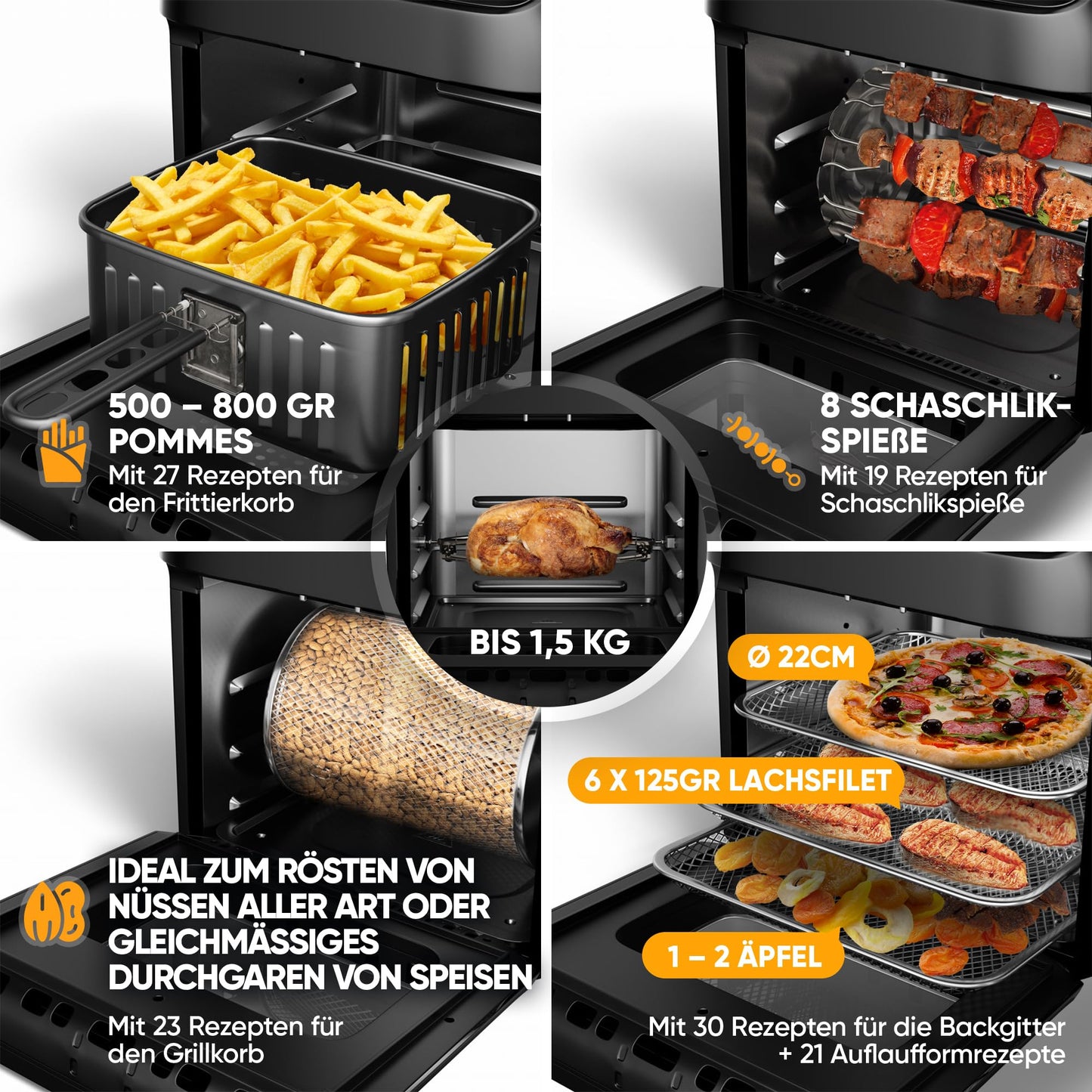 Stillstern Hot Air Fryer 12L with LED Touchscreen, XXL recipe book in German, 12 programs, preheat & keep warm, 1800W Hot Air Fryer Air Fryer XXL without oil dehydrating mini oven camping grill