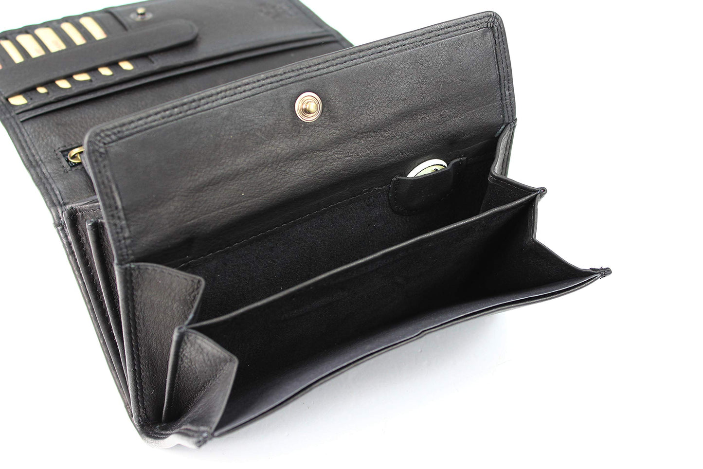 High-quality large vintage leather women's wallet with extra compartments in black - 17.5x10x4cm (W x H x D). Made of soft leather.