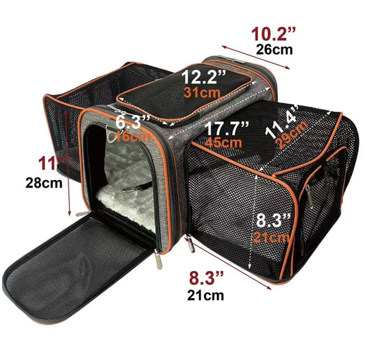 Mr. Peanut's Double Expandable Pet Carrier, airline approved, soft-sided, Diamond Series, self-locking zippers, plush fleece bedding