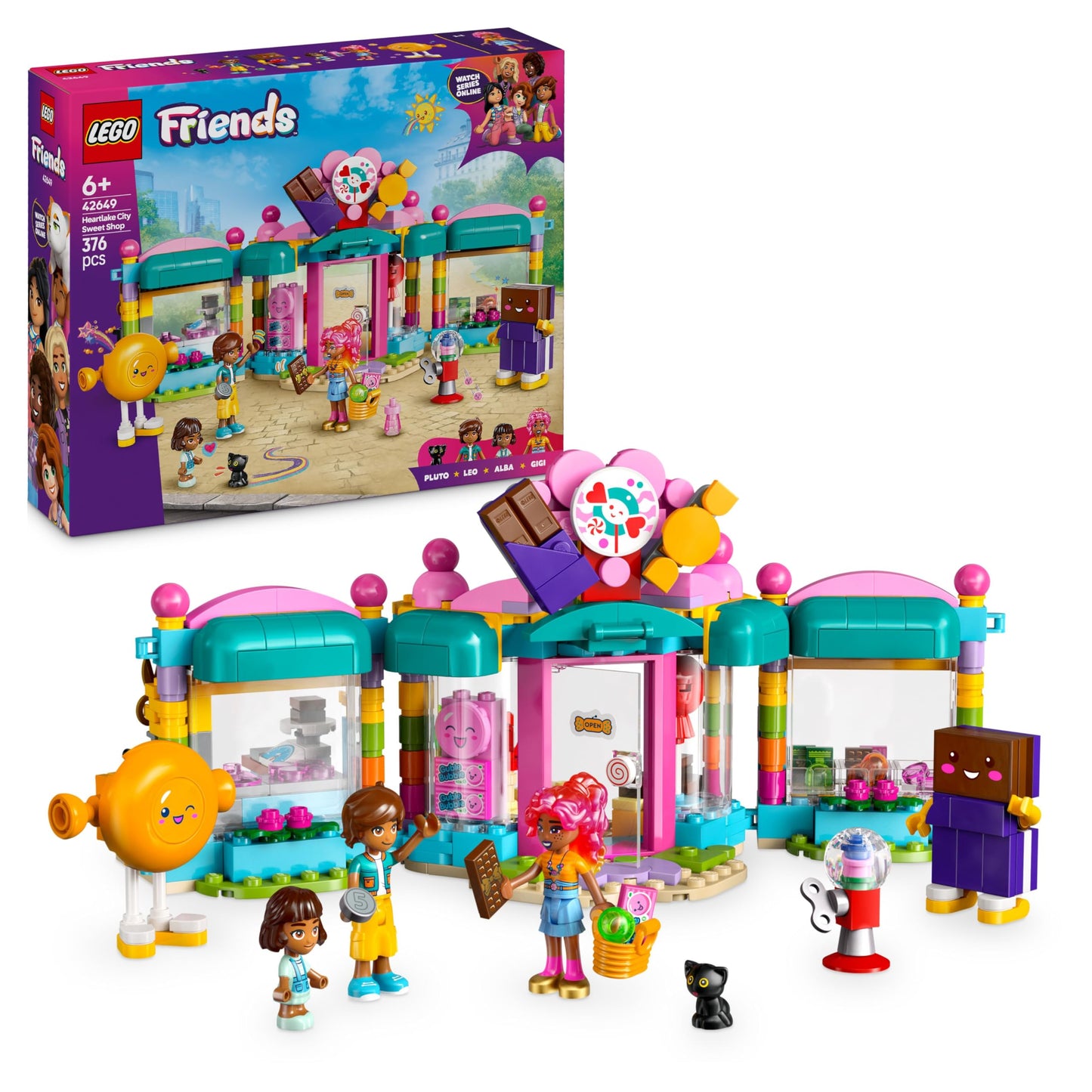 LEGO Friends Heartlake City Sweet Shop - Buildable kids' playset with 3 minifigures, a cat figure, toy food, and accessories - Gift for girls and boys ages 6 and up - 42649