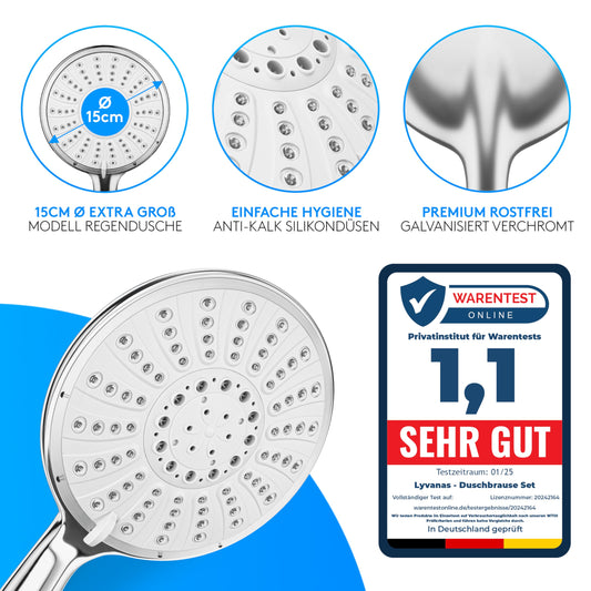 Lyvanas - WINNER - Shower head with hose and bracket - Shower head for shower & bathtub in extra large (Ø15cm) - Wellness rain shower with 5 spray settings (Premium Set 2025)