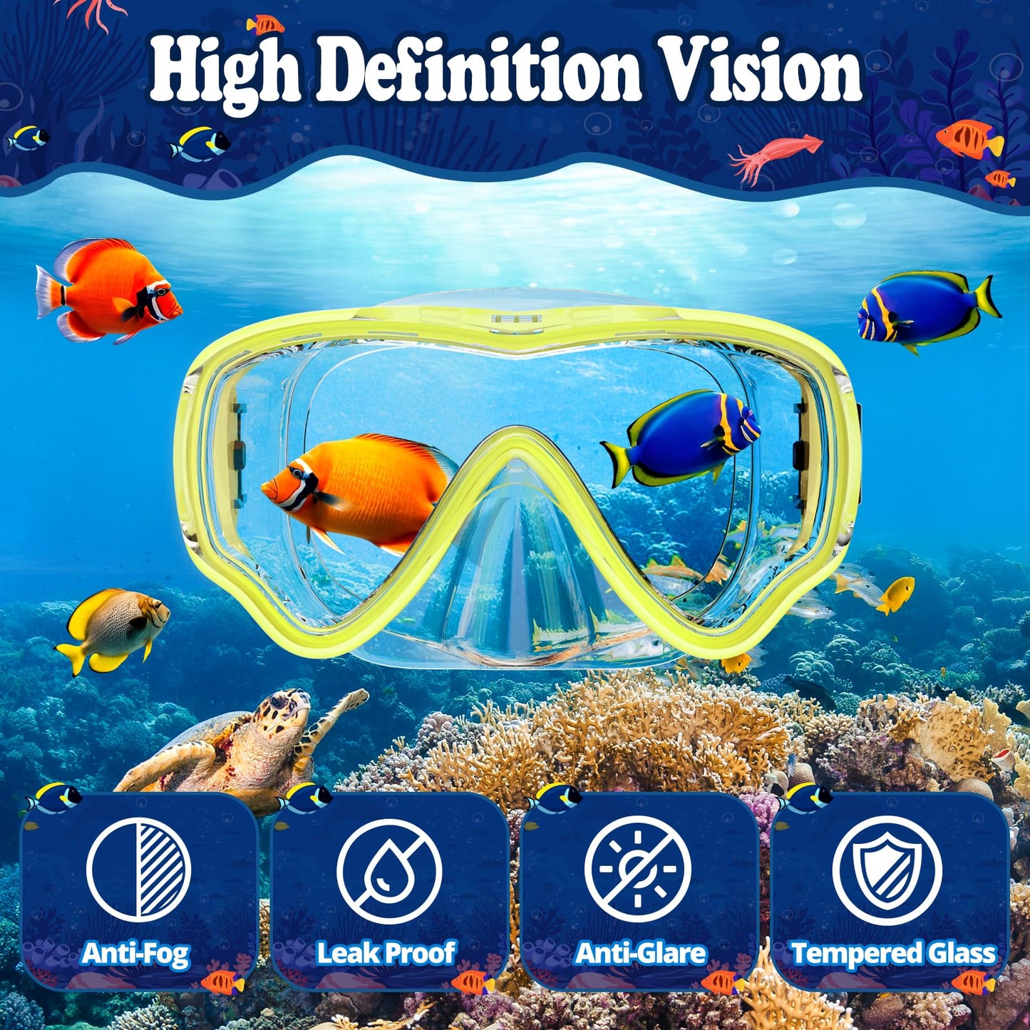 UPhitnis Kids Snorkel Set - Anti-Fog Dive Mask and Dry Snorkel - Leak-proof Dive Mask with Dry Snorkel - Snorkeling Gear for Boys Girls - Pink, Blue, Black, Yellow