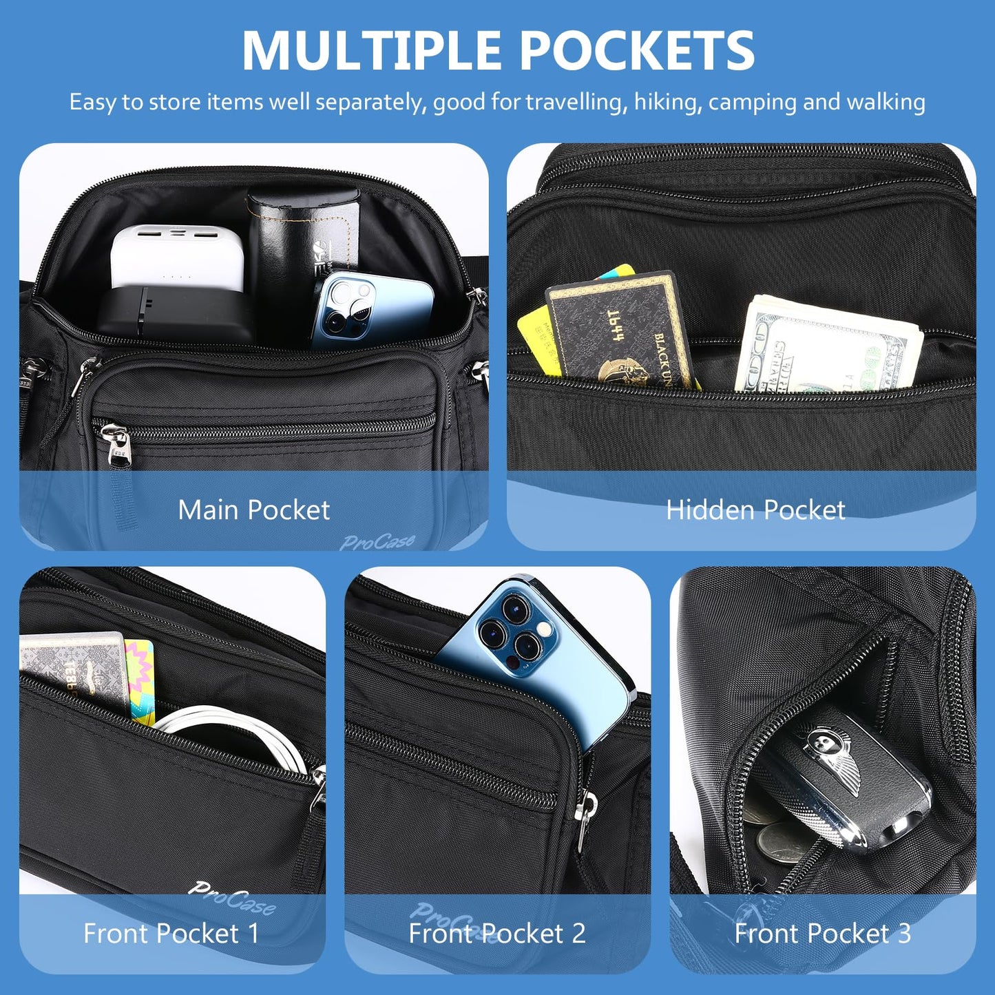 ProCase Large Waist Bag Waist Pack Waterproof Hip Bag for Men and Women Large Nylon Fanny Pack with 6 Zipper Pockets for Traveling Sports Hiking Jogging Dog Walking