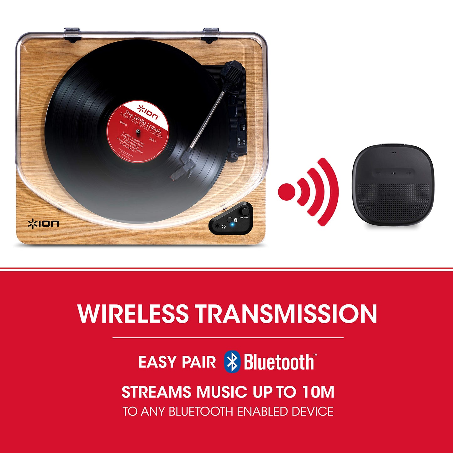 ION Audio Air LP - Vintage USB Bluetooth turntable with three speeds and vinyl to MP3 conversion for Mac/PC, elegant wood finish.