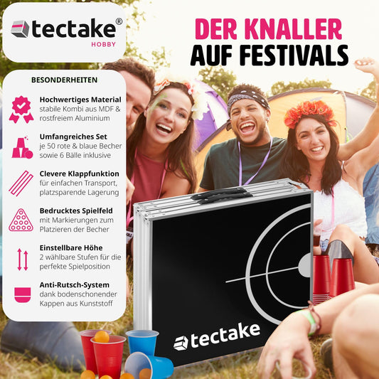 tectake® Beer Pong Table, includes 100 cups (50 red & 50 blue) and 6 balls, adjustable height, foldable table with carrying handles, adult party games, drinking game.